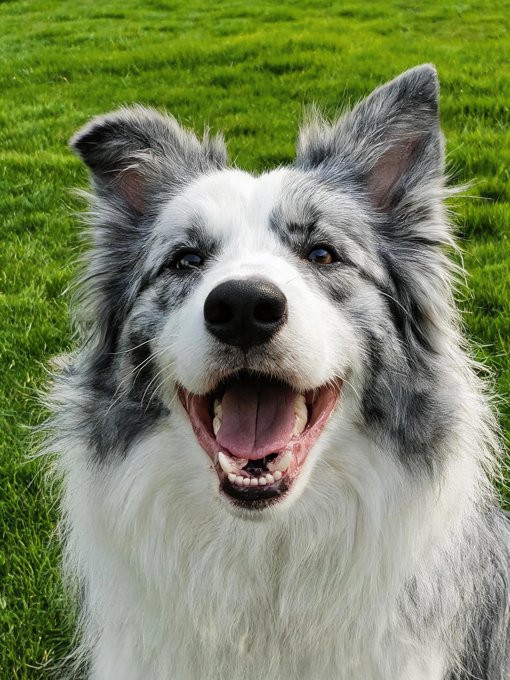 一只蓝灰色的边境牧羊犬在绿色草地上,嘴巴张开露出牙齿和舌头,毛发蓬松柔软。