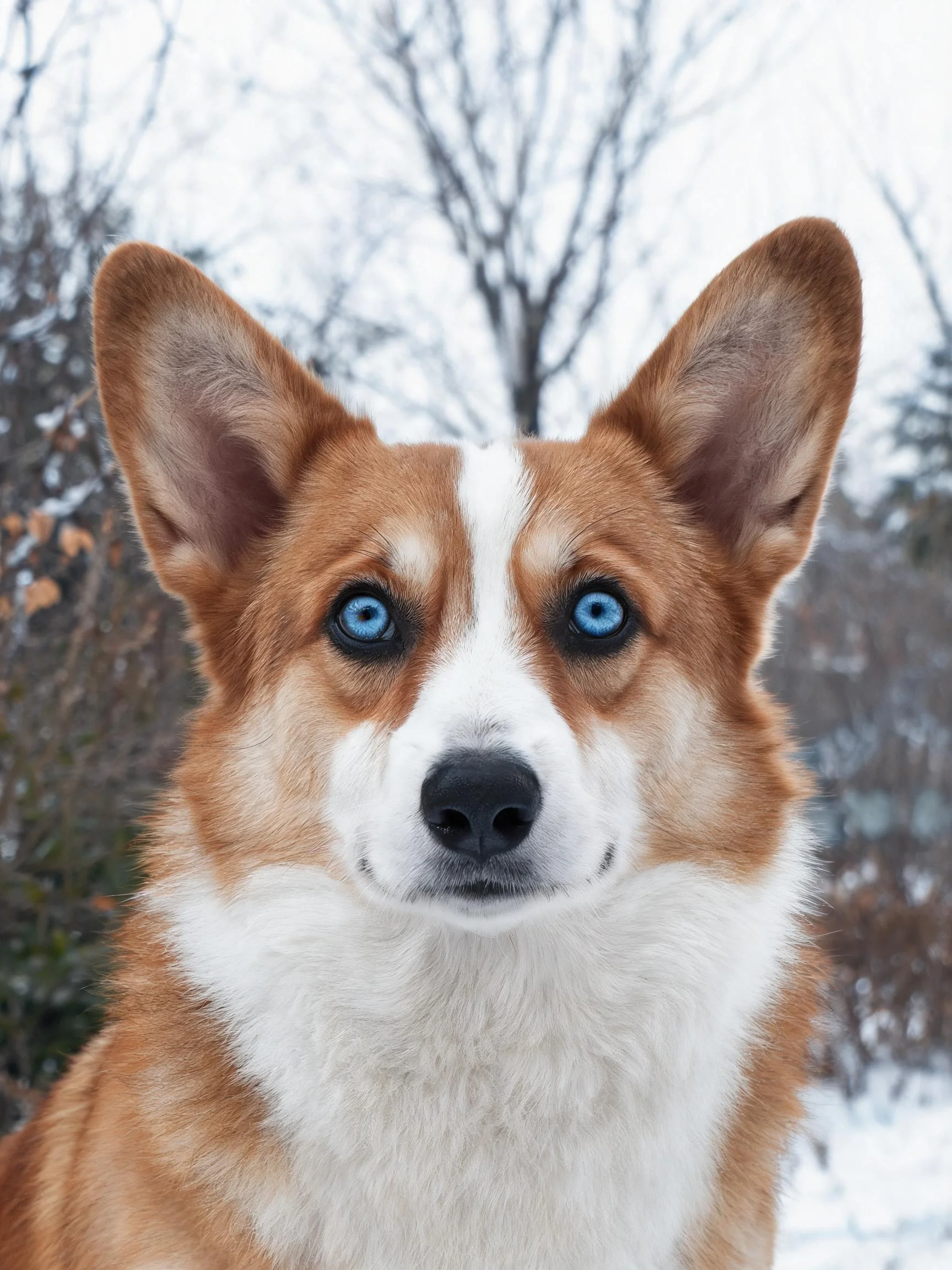 威尔士柯基犬拥有明亮的蓝色眼睛和棕白相间的毛发，处于雪地环境中。