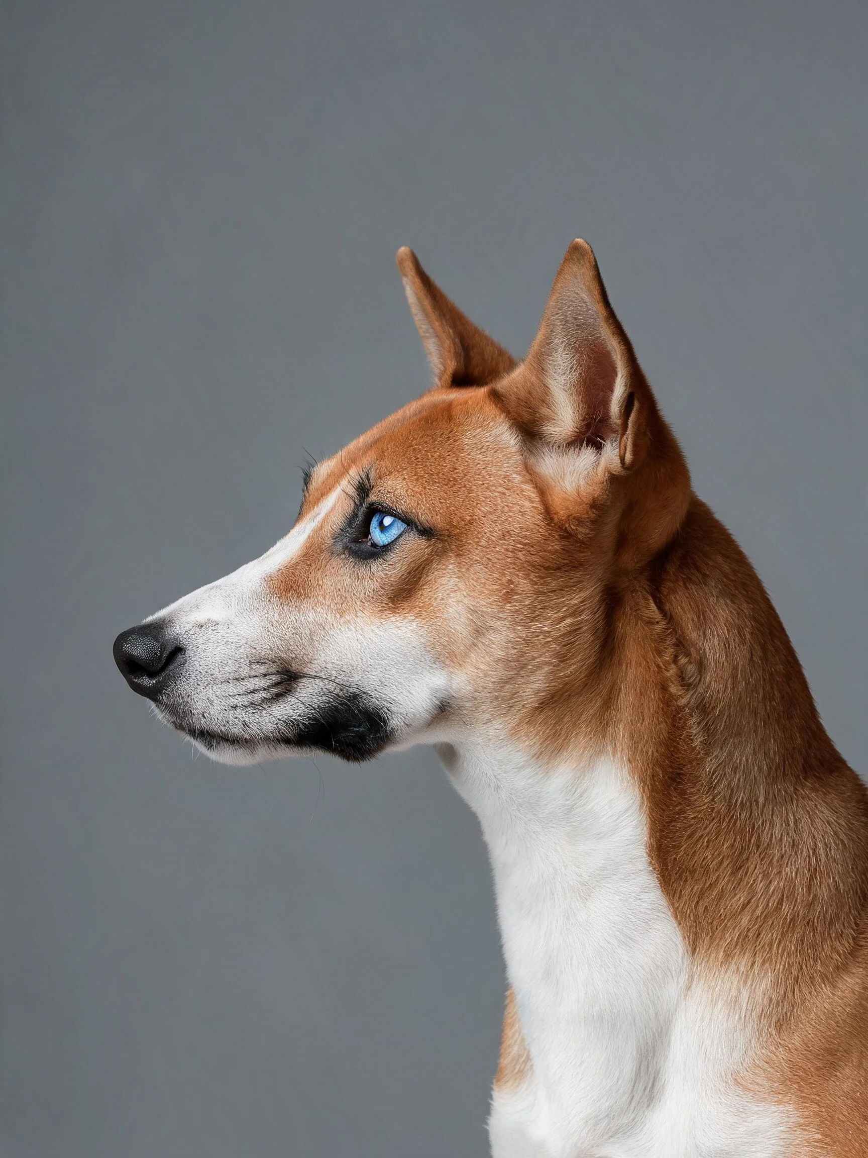 一只巴西侬犬,拥有蓝色眼睛和红棕色与白色相间的毛发,耳朵竖立,处于简洁的灰色背景环境中。