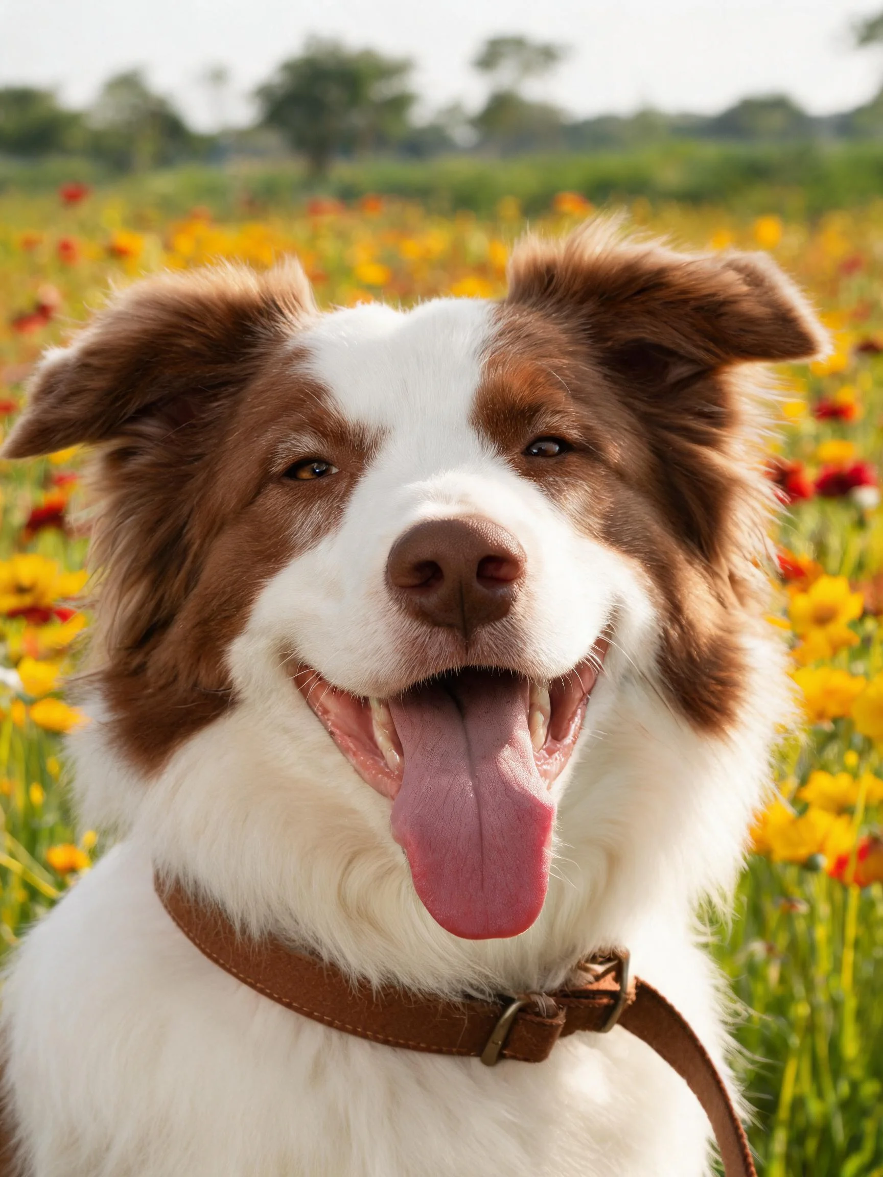边境牧羊犬嘴巴张开露出牙齿和舌头,毛发蓬松柔软,处于阳光充足的花田环境中。