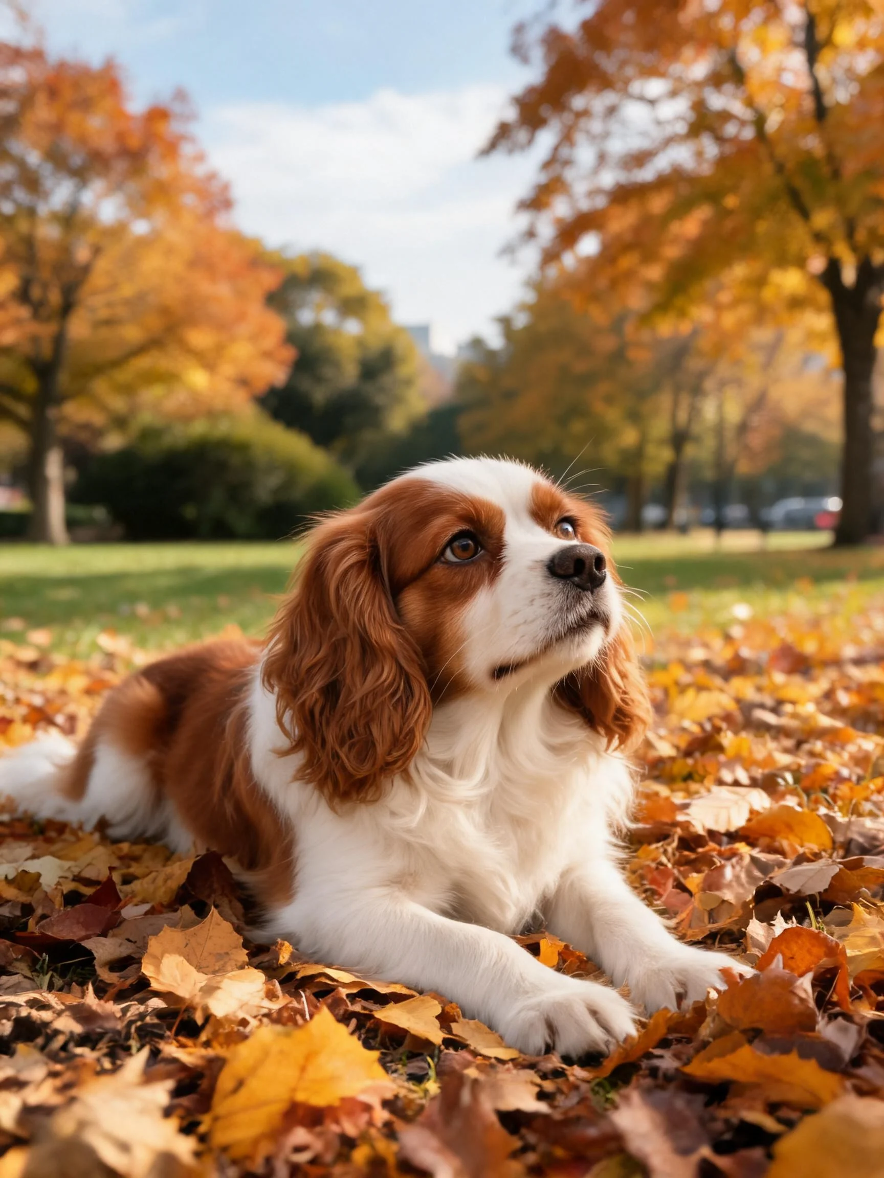 可卡犬棕白相间的毛发在阳光照耀下,趴在满是秋叶的地面上,眼神专注看向远方。