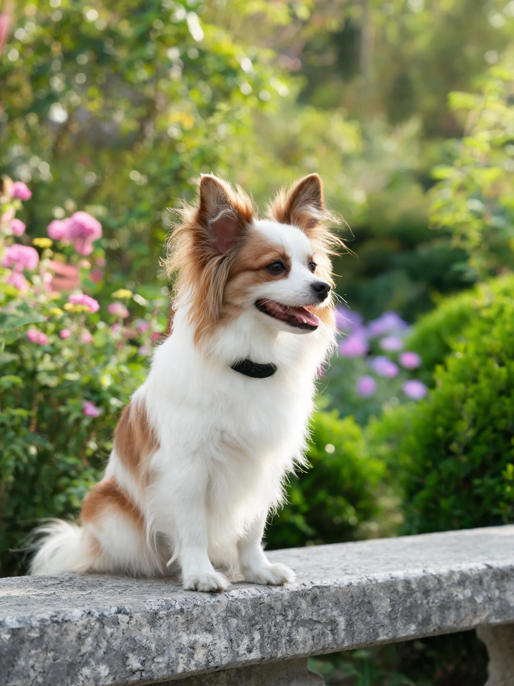 蝴蝶犬有着白色带棕色斑纹的毛发,正坐在花园的石台上观察四周。