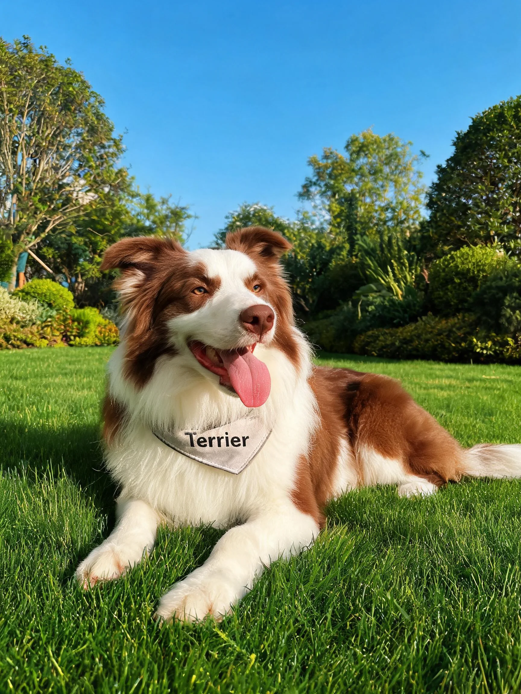 边境牧羊犬趴在绿色草坪上,棕白相间的毛发清晰可见,嘴巴张开露出湿润的粉色舌头。