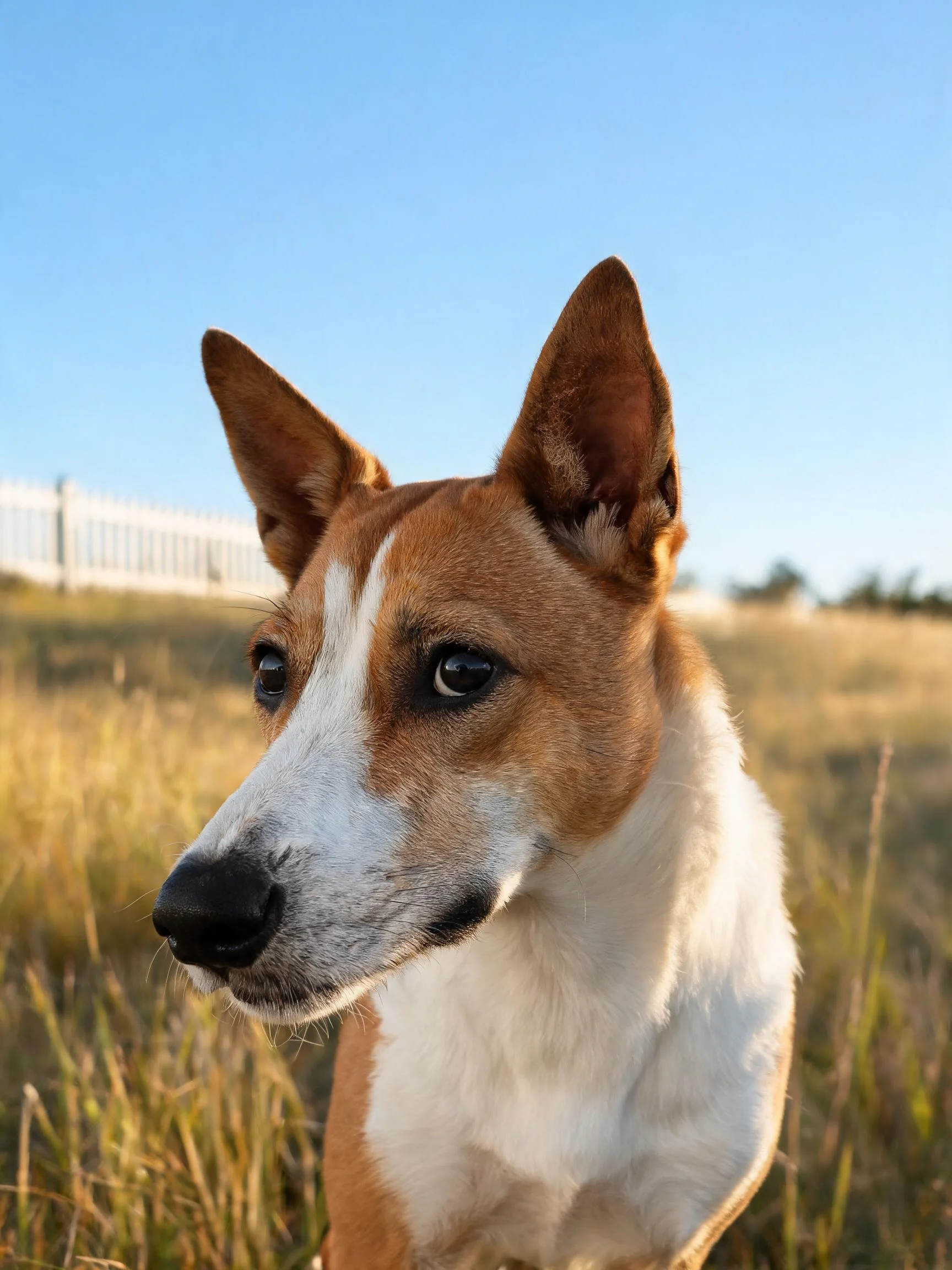 一只巴森吉犬有着棕白相间的被毛,耳朵竖立,目光注视着,黑色的鼻尖清晰可见。