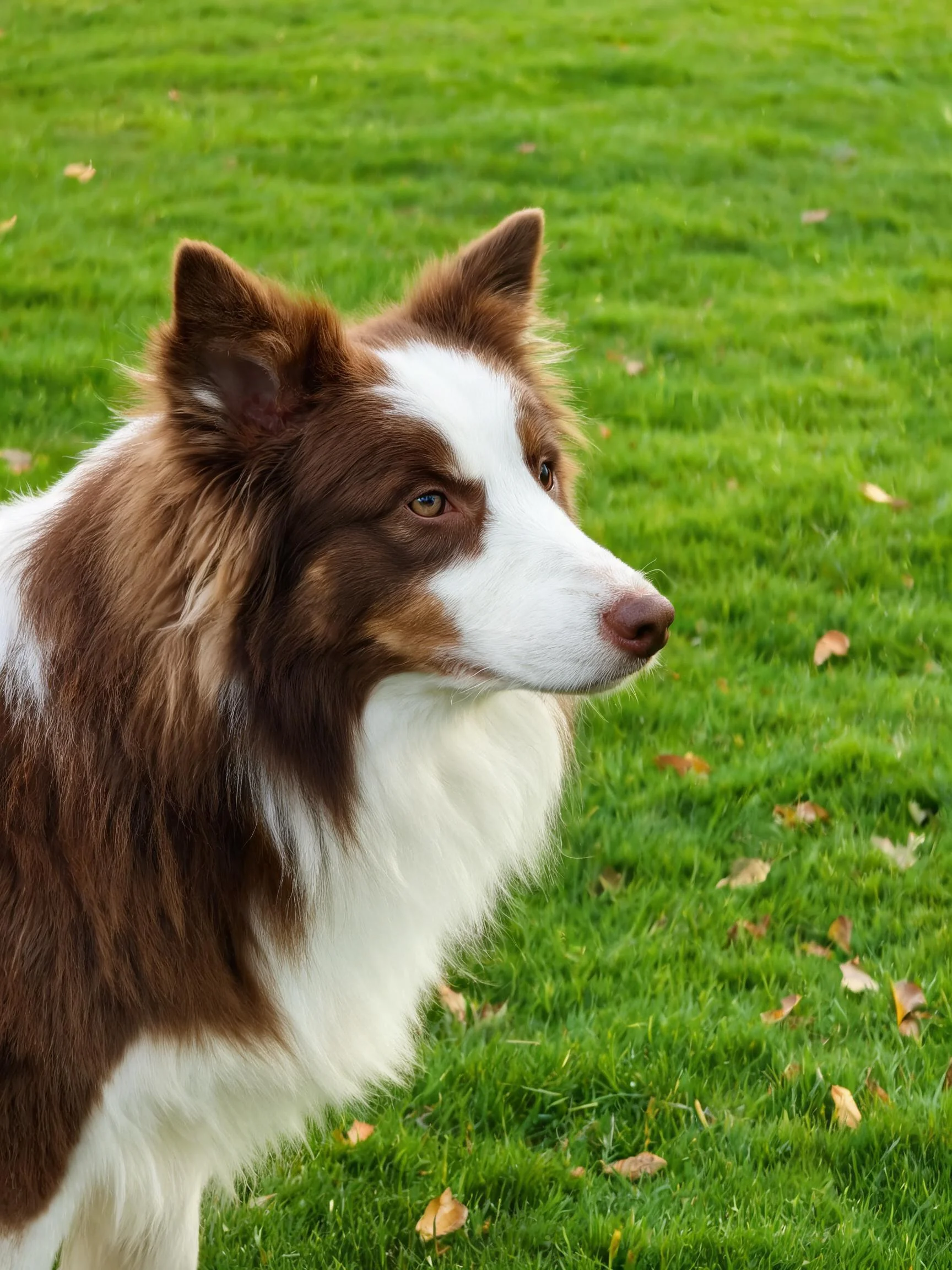 边境牧羊犬棕白相间的毛发清晰可见,耳朵竖立呈现警觉状态。