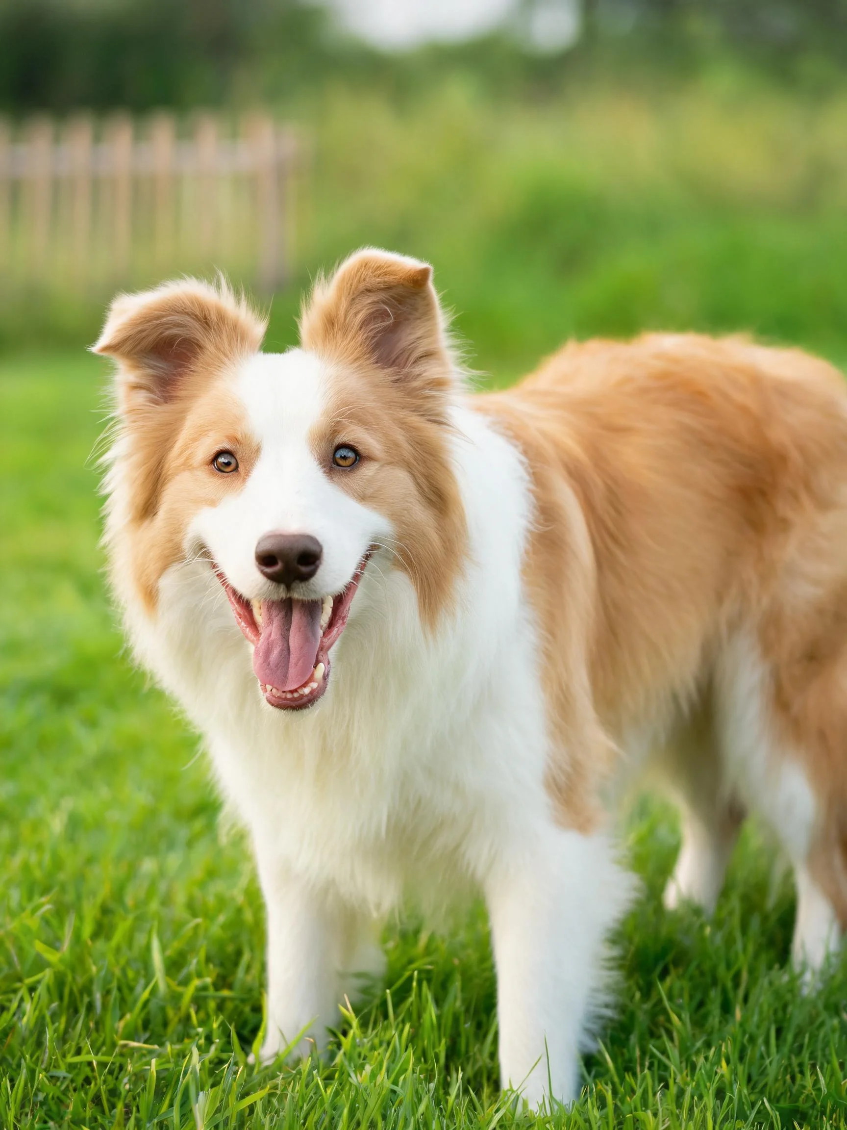 边境牧羊犬张着嘴站立在绿色草坪上，毛发为暖棕色与白色相间。