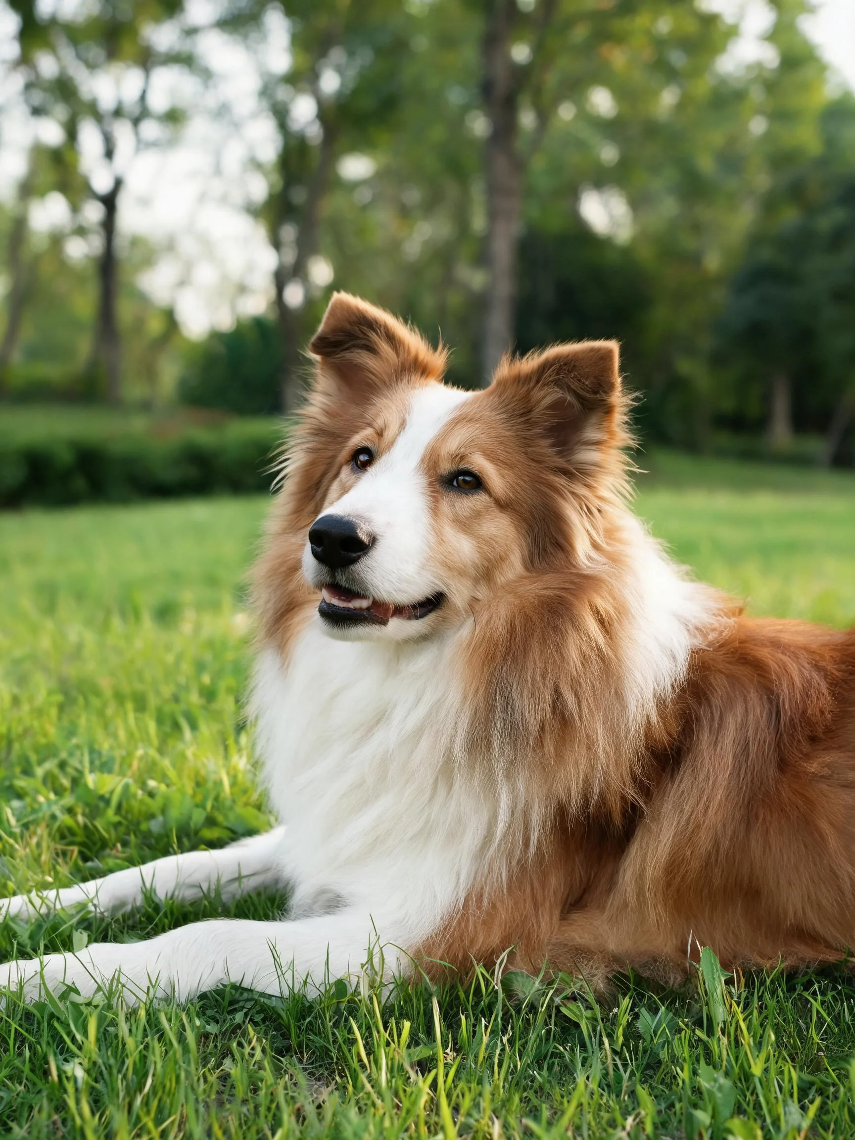 一只红白相间的边境牧羊犬趴在草地上,毛发蓬松柔软。