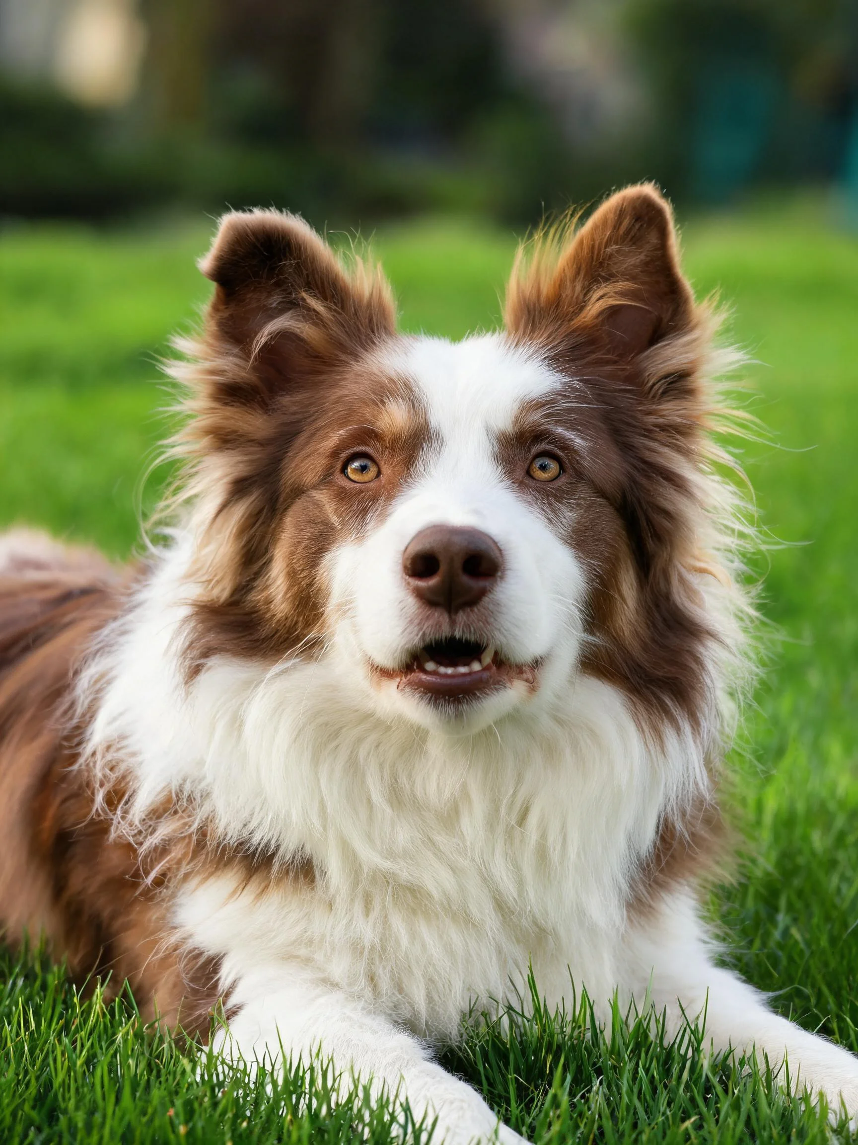 边境牧羊犬棕白相间的毛发蓬松,正安静地趴在草地上。