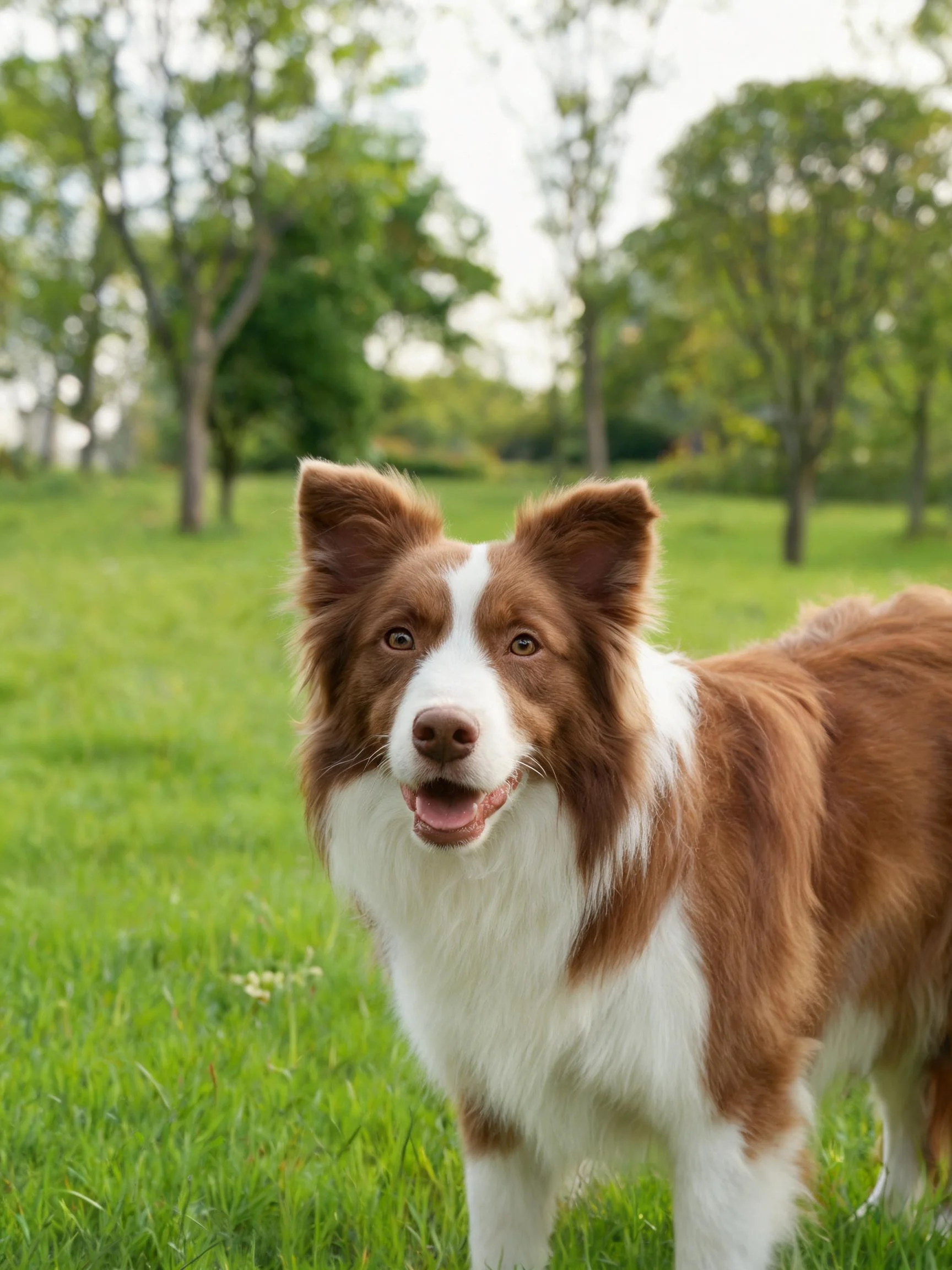 边境牧羊犬站立在草地上,毛发红棕色和白色相间,嘴巴微张露出牙齿。