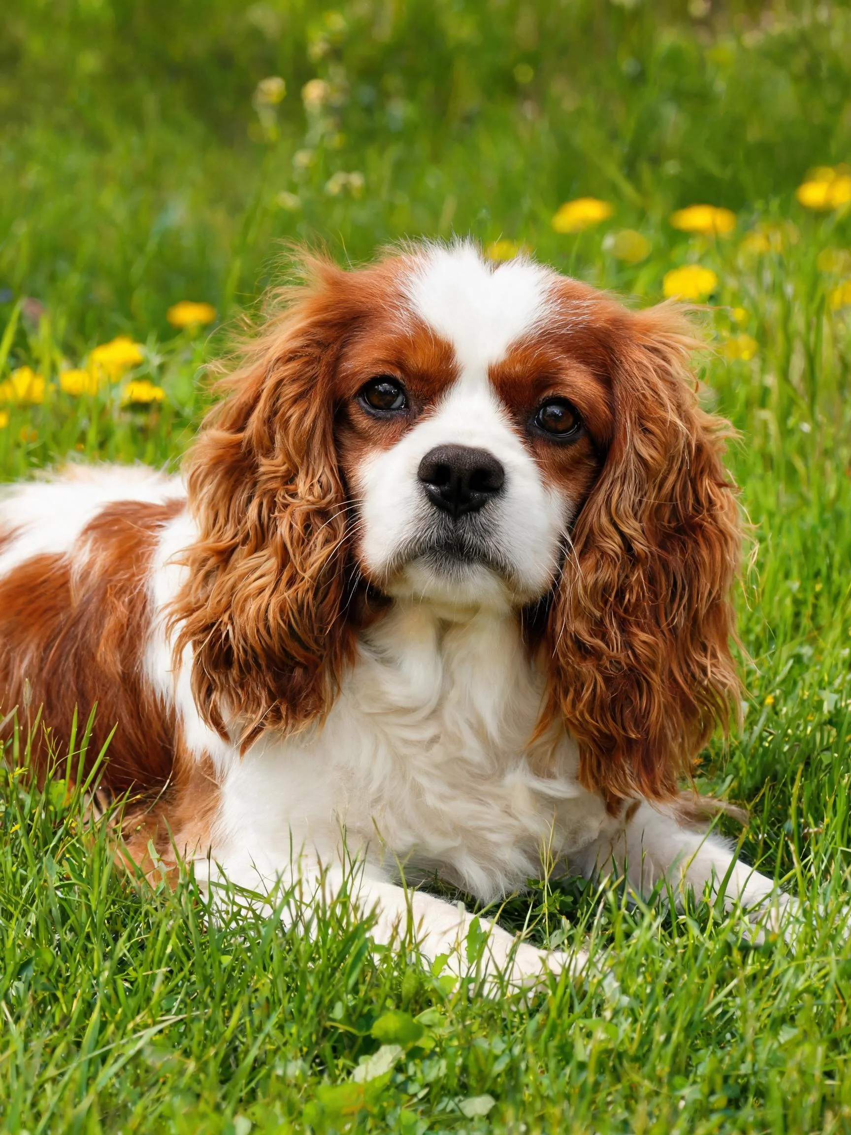 一只红白相间的查理王小猎犬幼犬安静地趴在绿草上,周围有明黄色小花点缀。