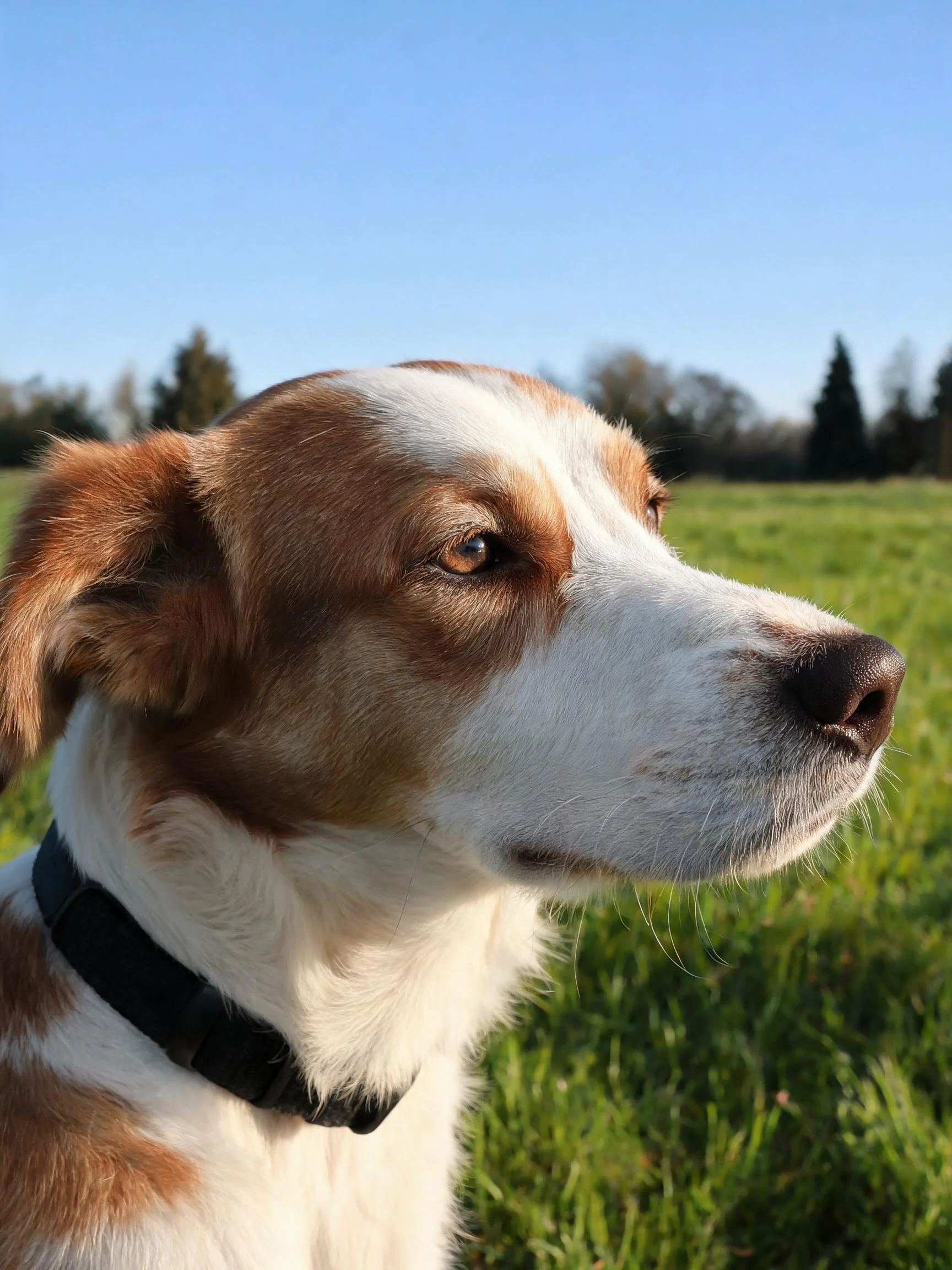 一只边境牧羊犬,棕白相间的毛发,戴着黑色项圈,目光专注地看向远方。