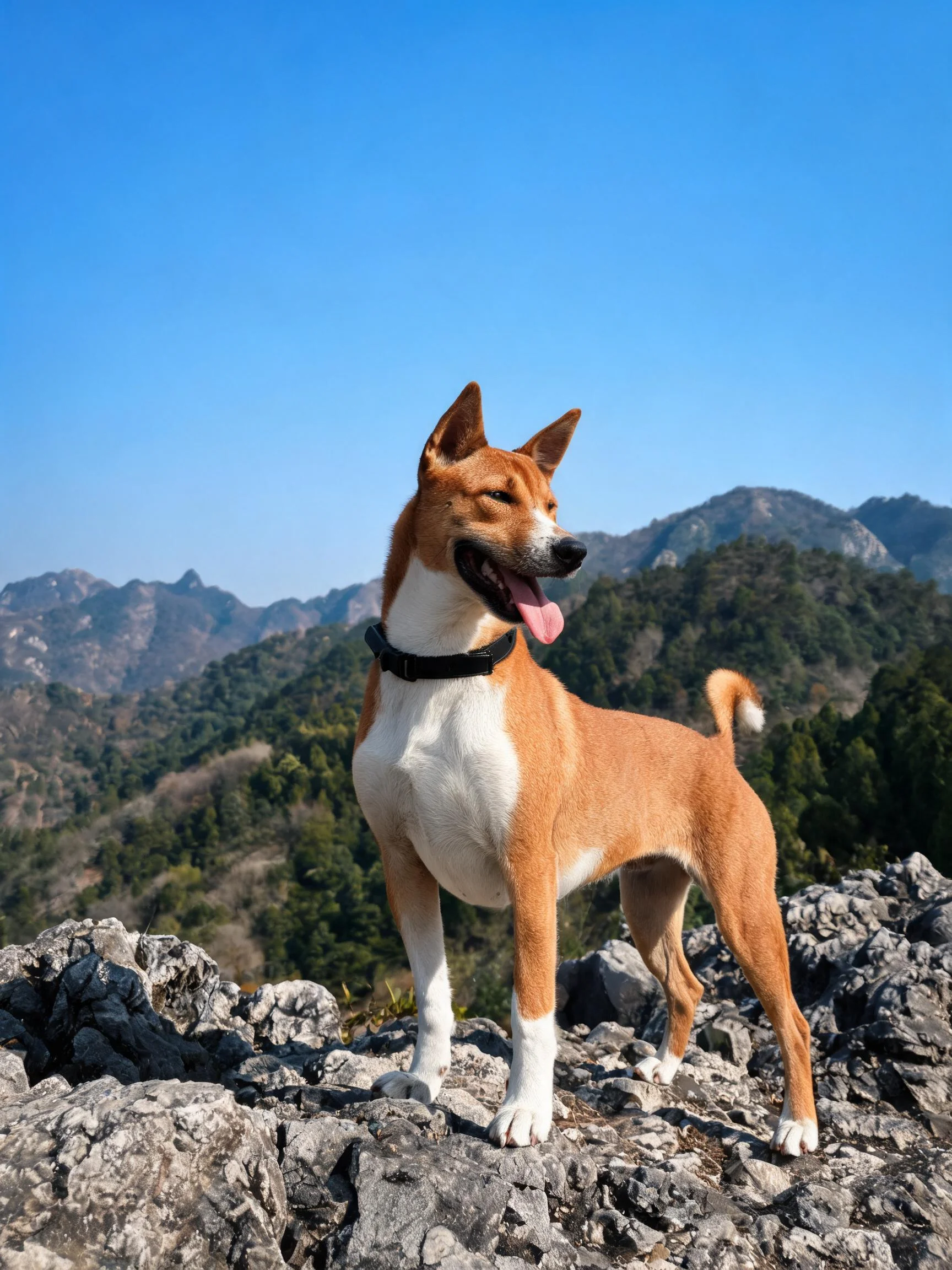 巴仙吉犬站立时岩石上,棕白色毛发清晰可见,嘴巴张开露出湿润的舌头。