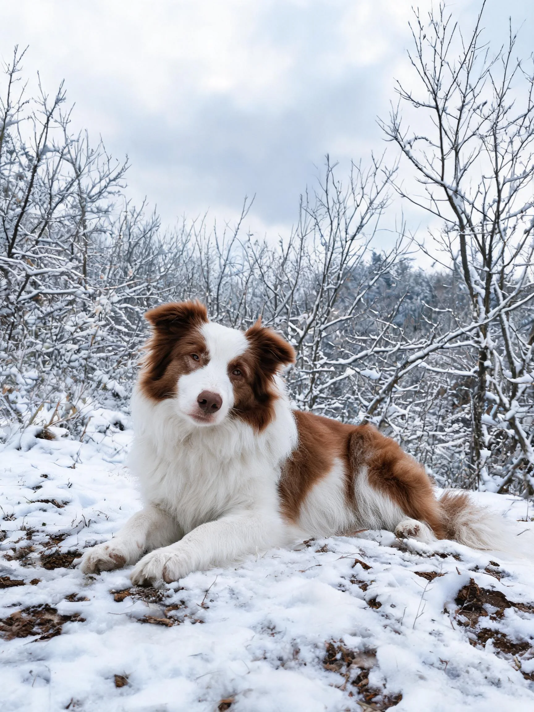 雪地中趴着的边境牧羊犬,白色与棕色相间的毛发清晰可见。
