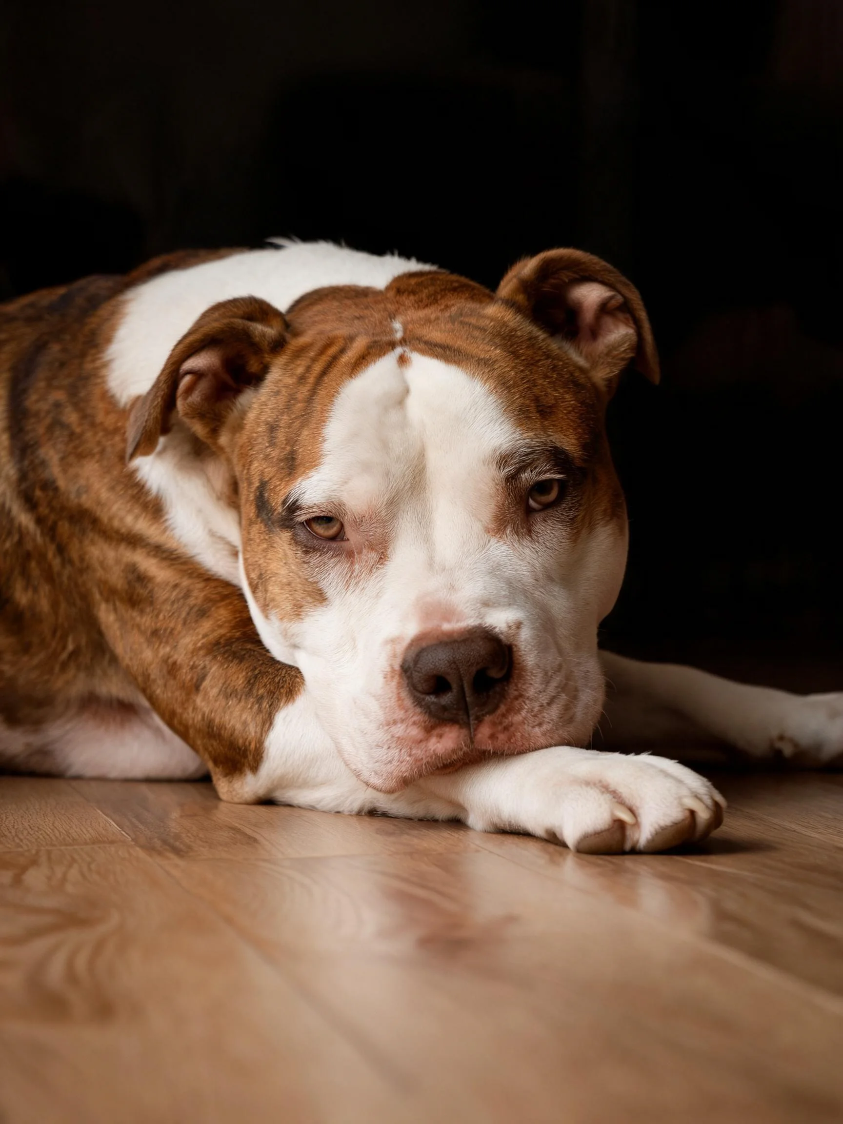 比特犬安静趴卧,棕白相间被毛,前爪轻触木质地板表面。