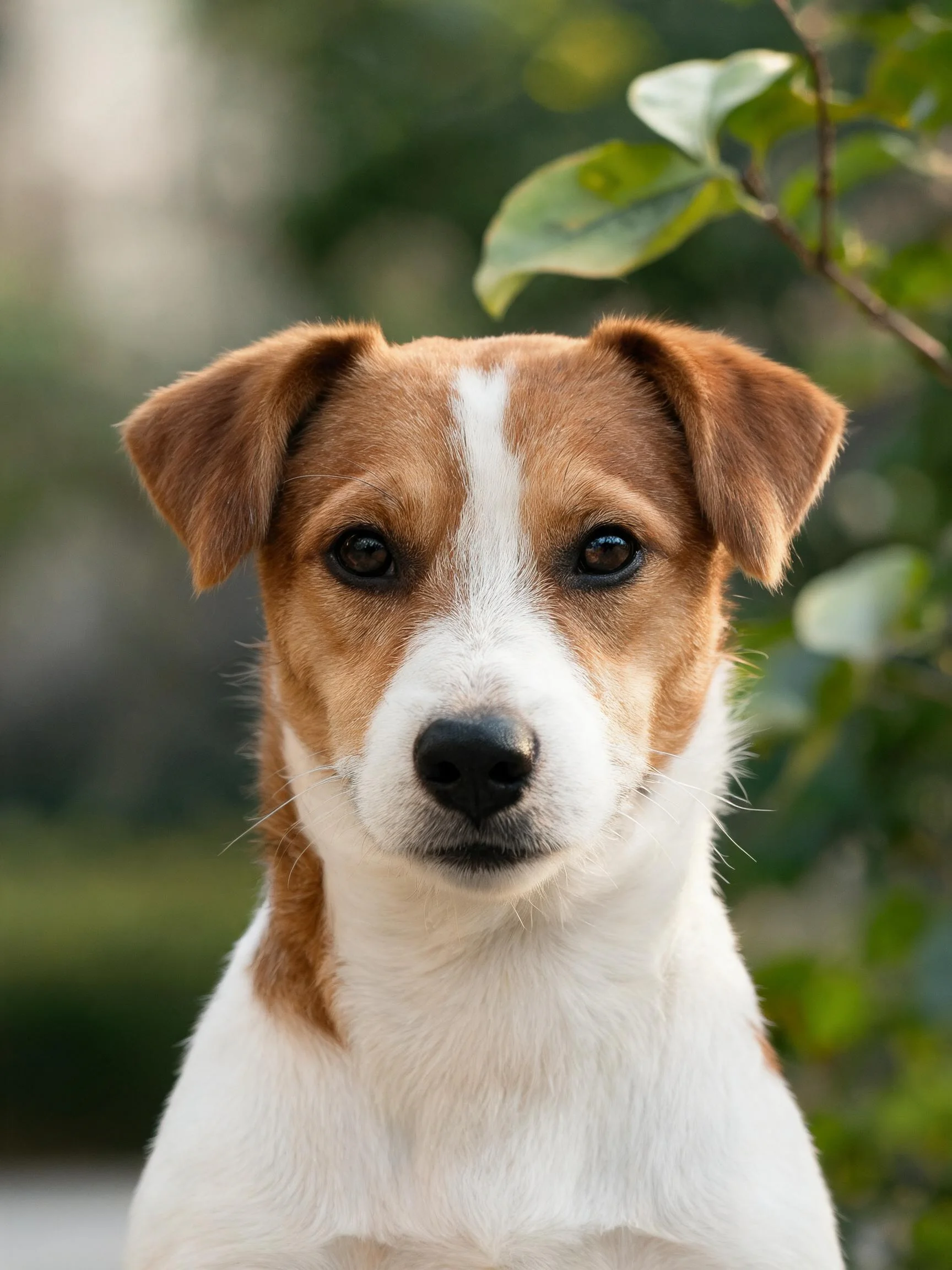 一只杰克罗素梗犬,棕白相间的被毛,眼神专注,处于户外环境中。