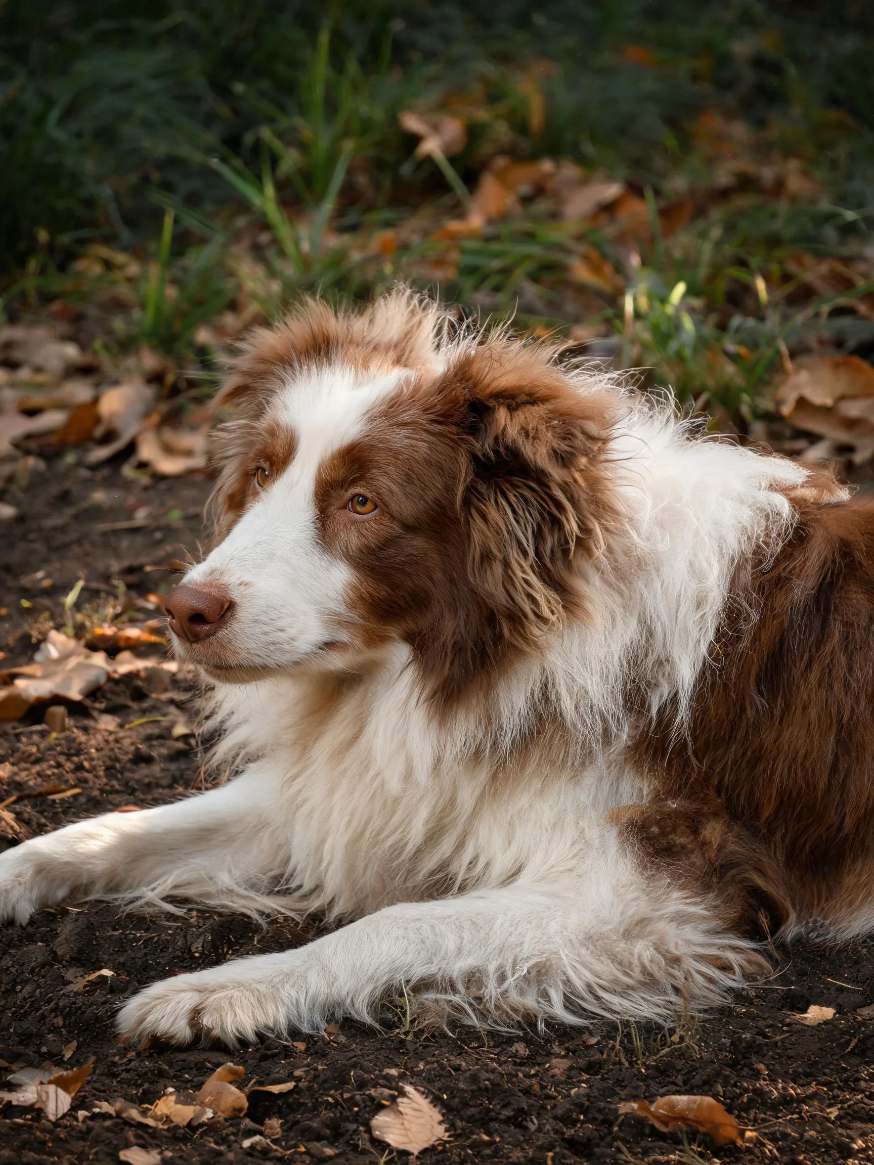 一只棕白相间的边境牧羊犬正安静趴卧在泥土上，浓密的长毛清晰可见。
