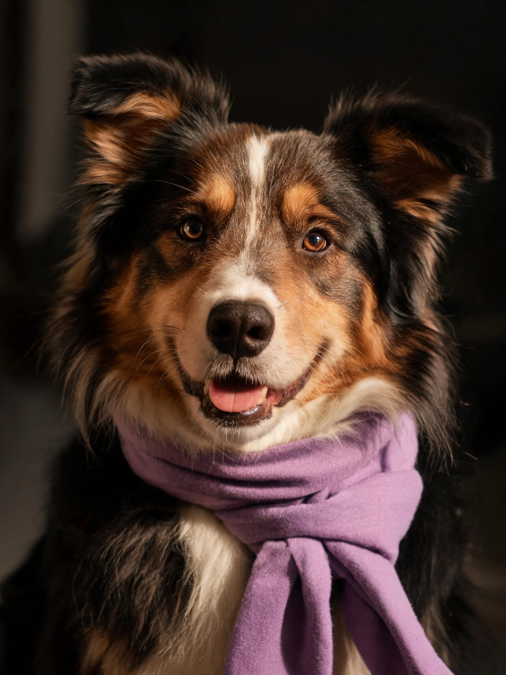 三色边境牧羊犬戴着紫色围巾,毛发蓬松柔软,眼神专注友善。