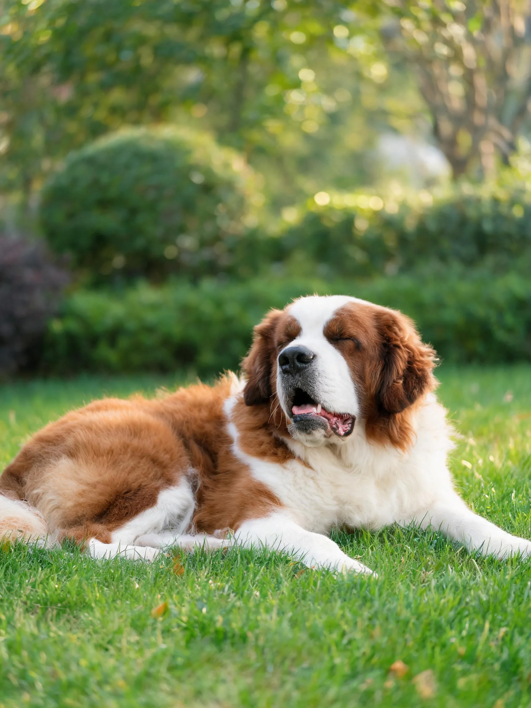 一只红白相间的圣伯纳德犬安静地趴在绿色草坪上，双眼微闭，嘴巴张开。