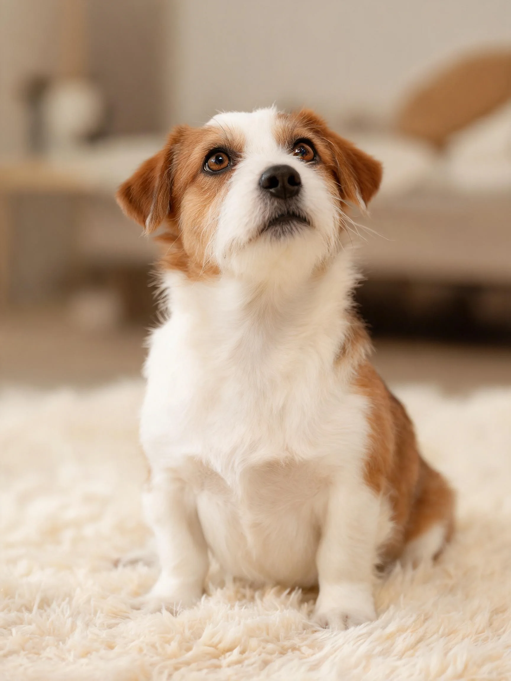 一只棕白相间的杰克罗素梗犬安静坐在白色绒毯上,目光注视上方。