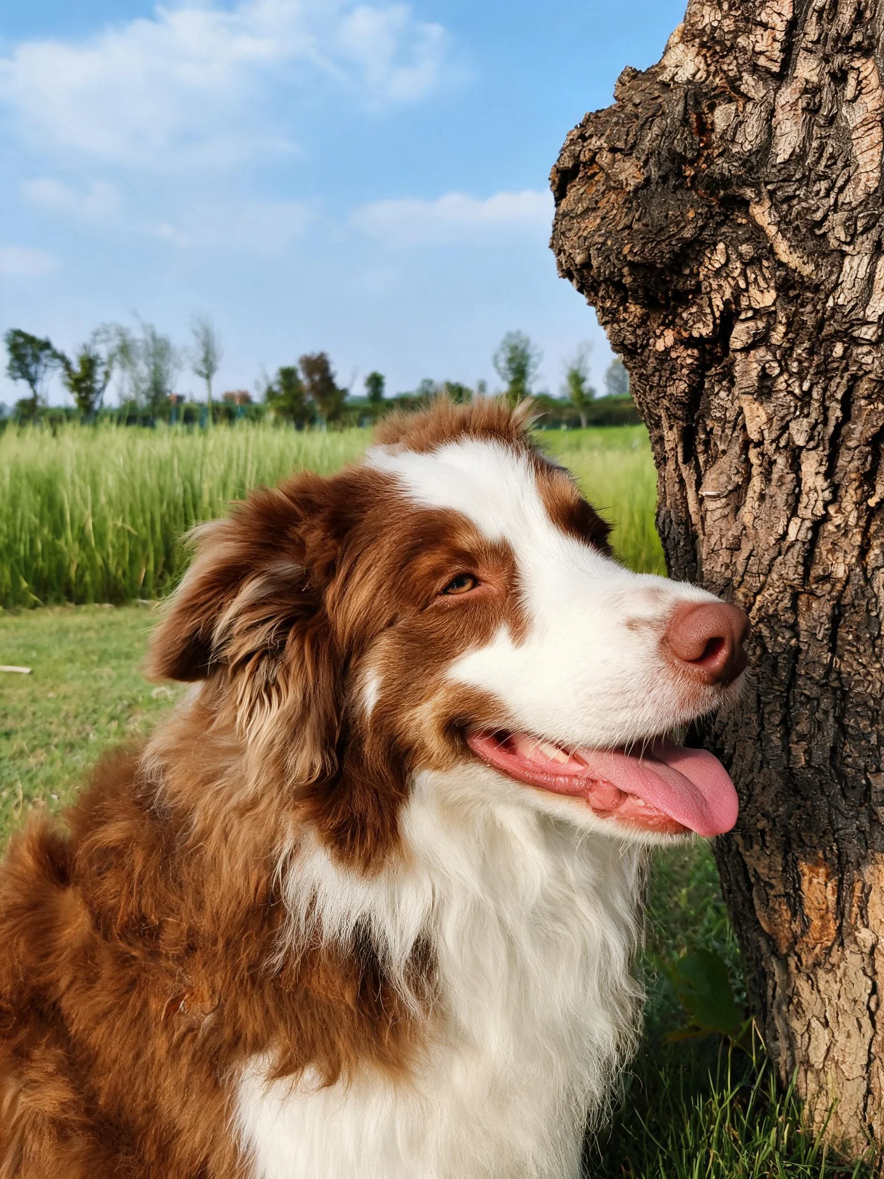 澳大利亚牧羊犬红白相间的毛发,嘴巴张开露出湿润的舌头。