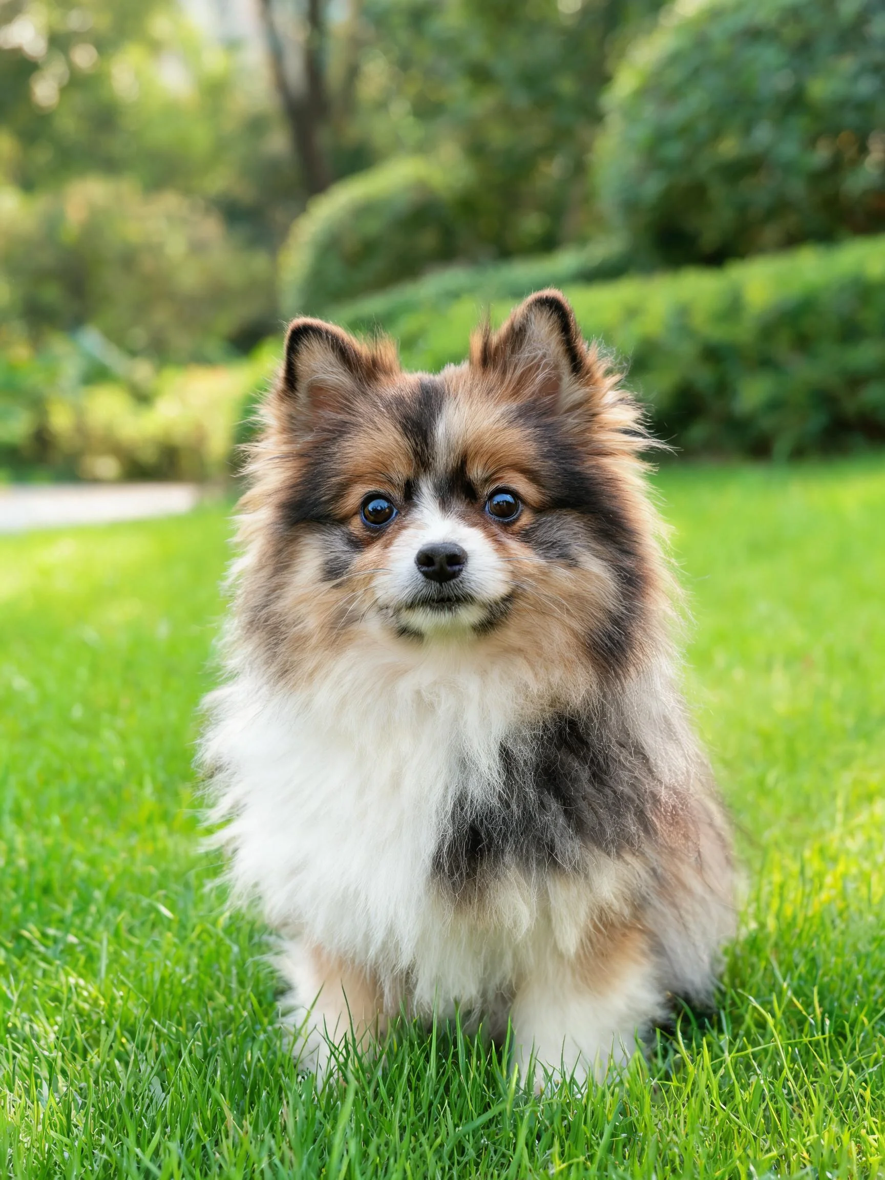 一只三色博美犬正安静地坐在绿色草坪上,它有着浓密的棕、黑、白色相间的毛发,眼神专注。