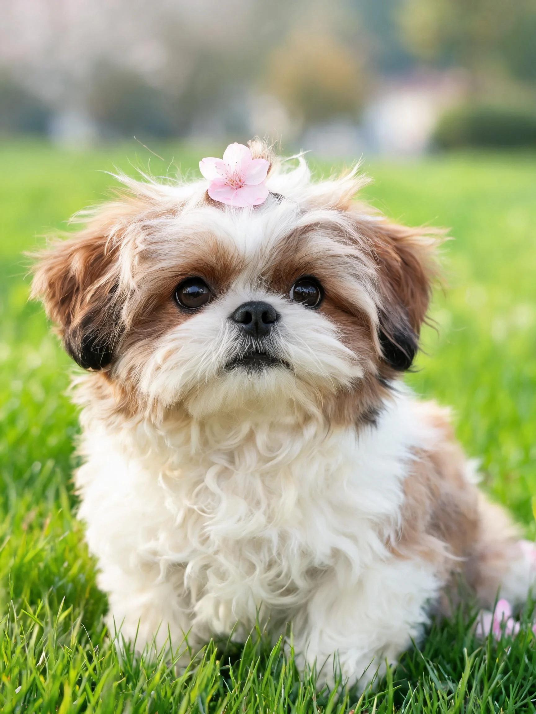 西施犬安静地坐在草地上，头顶有一朵粉色小花，蓬松的卷曲毛发清晰可见。