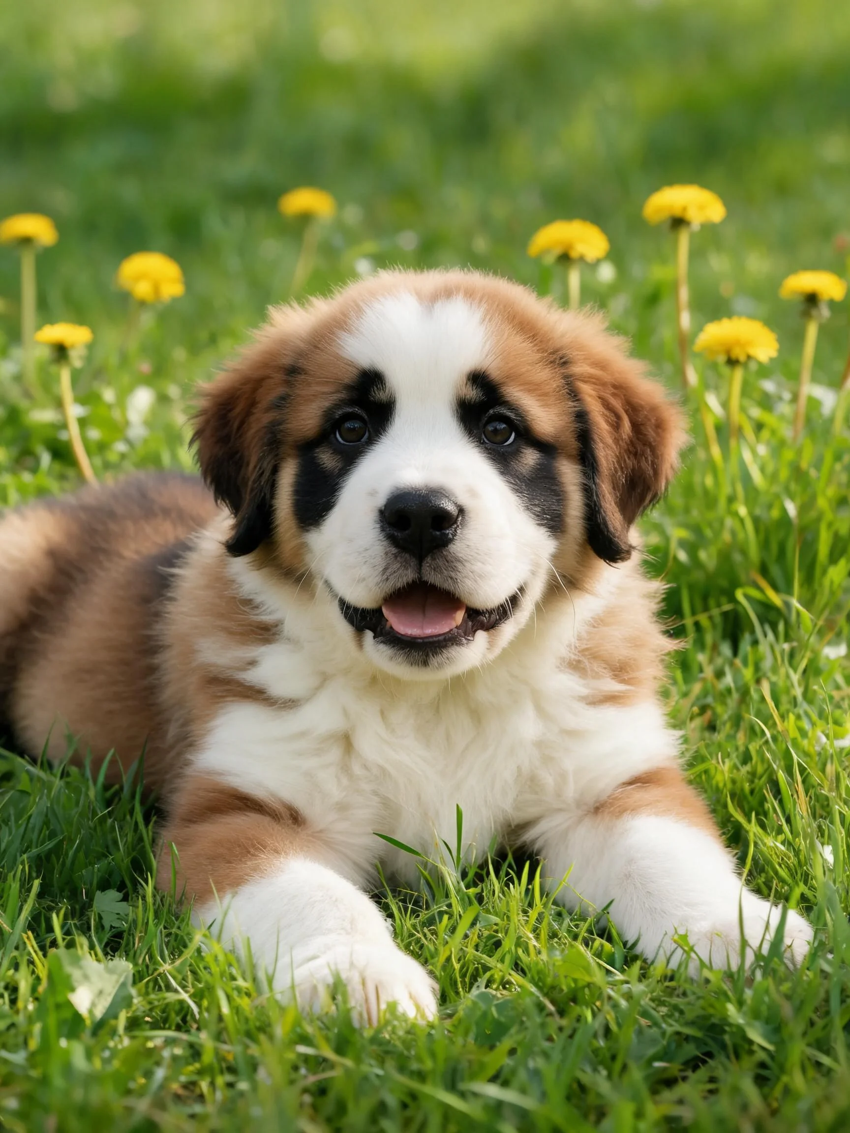 圣伯纳德幼犬趴在草地上,棕白相间的毛发清晰可见,前爪伸展在绿草之间。