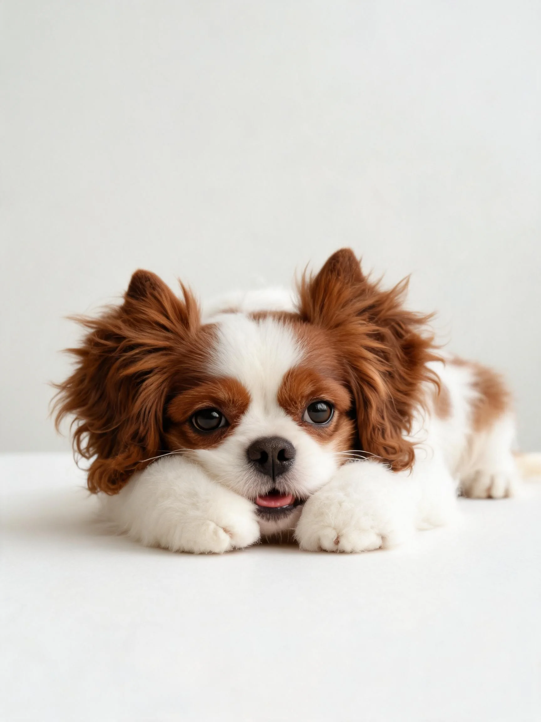 查理王小猎犬趴卧姿态,红白相间毛发柔软,前爪托住下巴,眼神明亮。