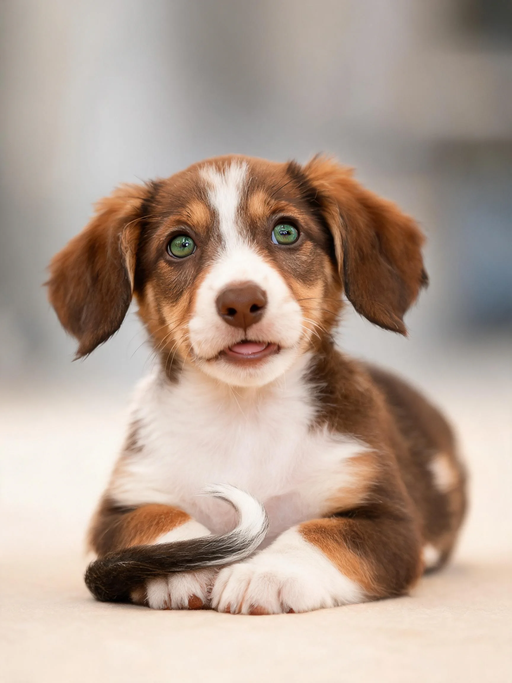 长耳三色混种幼犬有着绿色眼睛和棕白相间的毛发,前爪舒展趴卧在地面上。