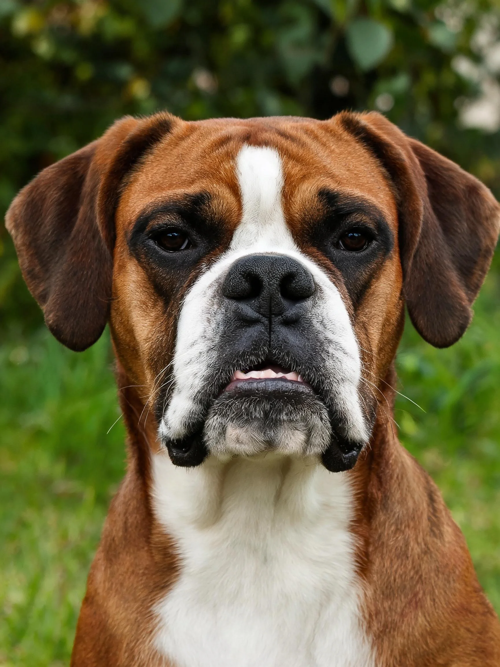 拳师犬头部特写展现黑棕白相间的毛色与紧绷的面部肌肉。