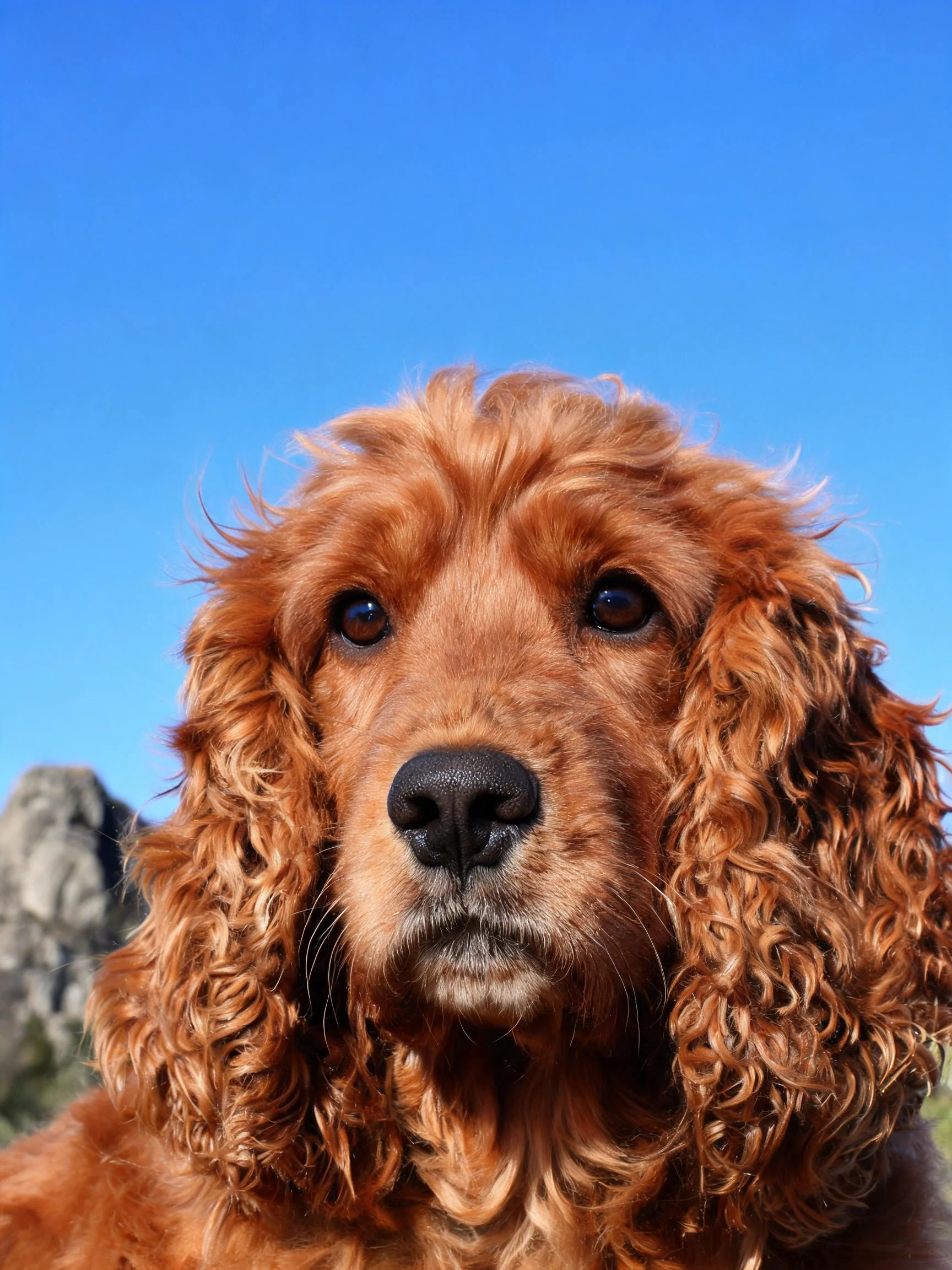 英国可卡犬有着浓密棕红色的卷曲毛发,眼神温和注视前方。