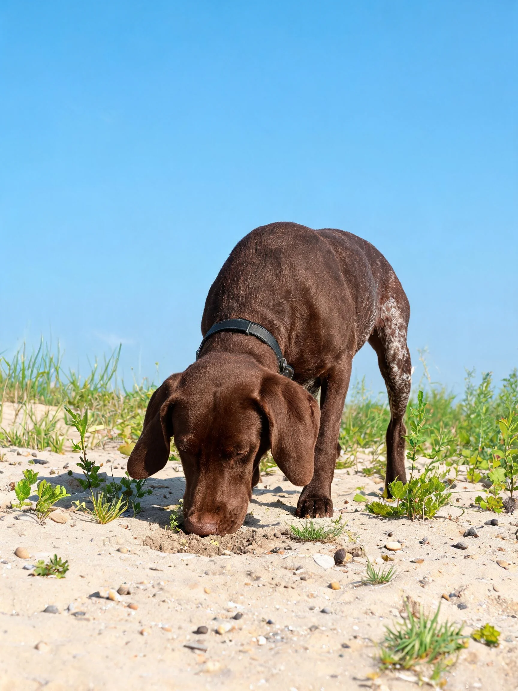 德国短毛指示犬低头在沙滩沙地嗅探,深棕色皮毛与浅色沙滩形成对比,耳朵下垂。