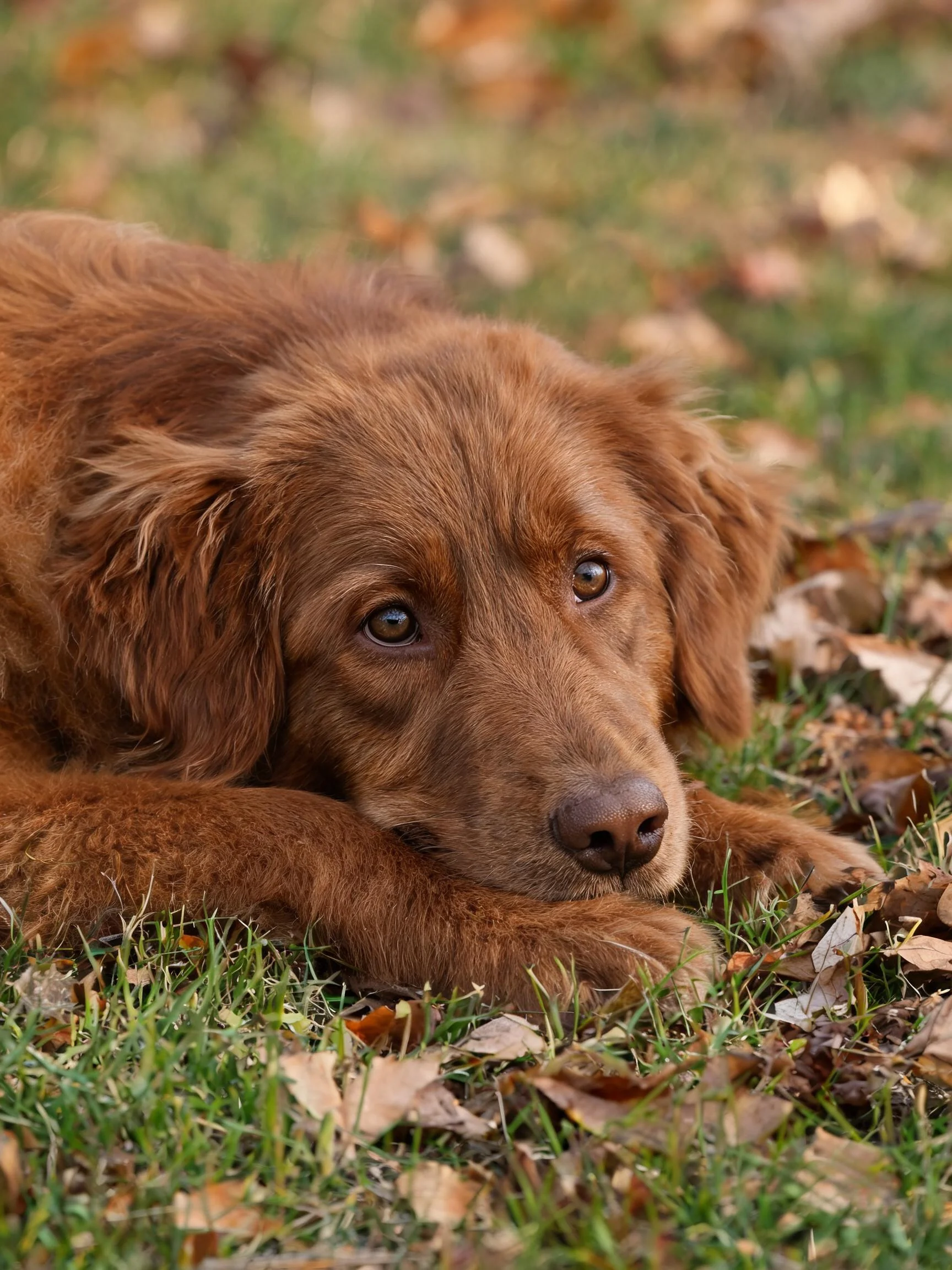 金毛寻回猎犬幼犬趴卧在落叶覆盖的草地上,浅棕色卷曲毛发清晰可见。