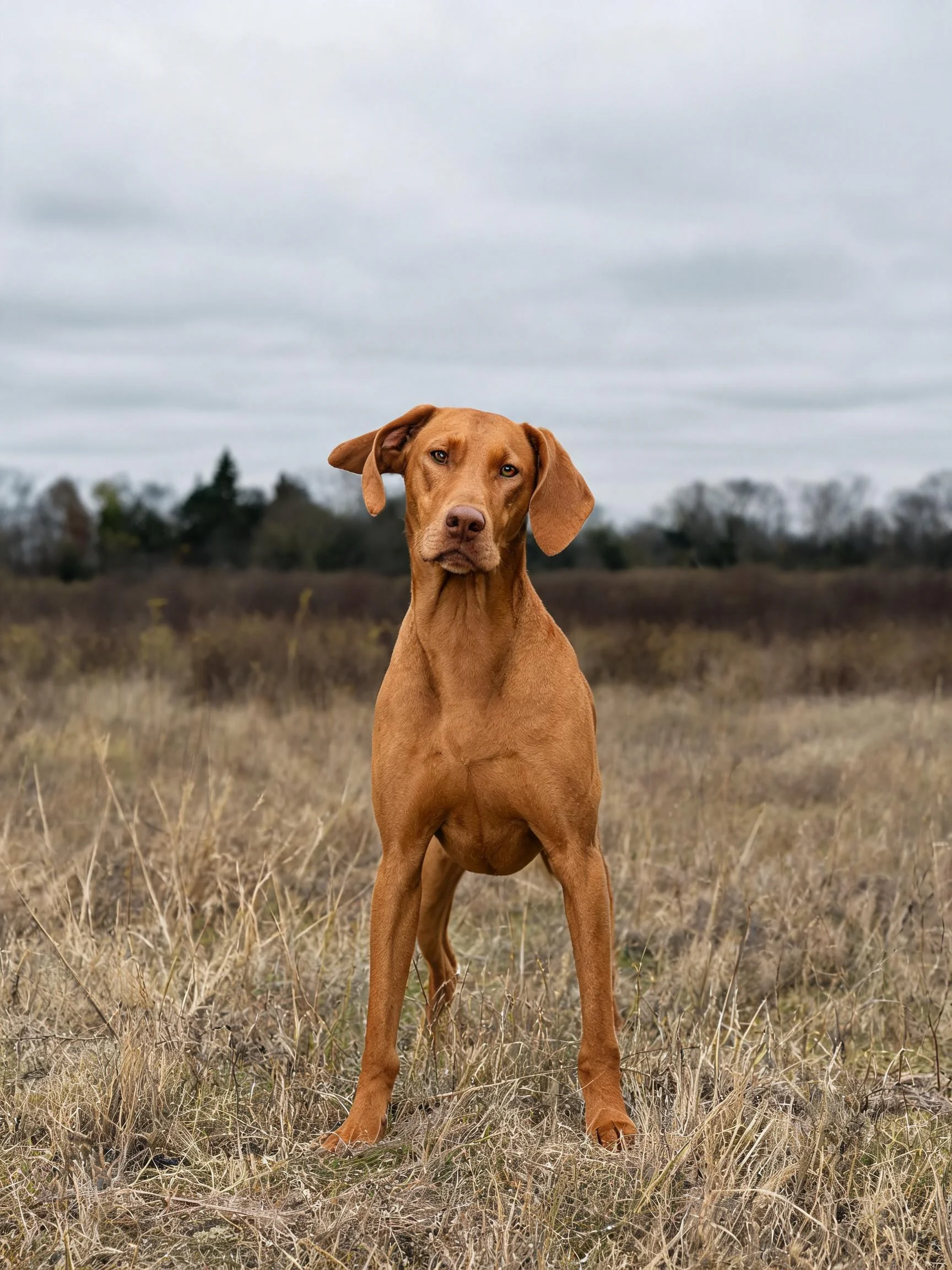 一只红棕色短毛的维兹拉犬站立在干燥草地上,耳朵下垂,目光平视前方。