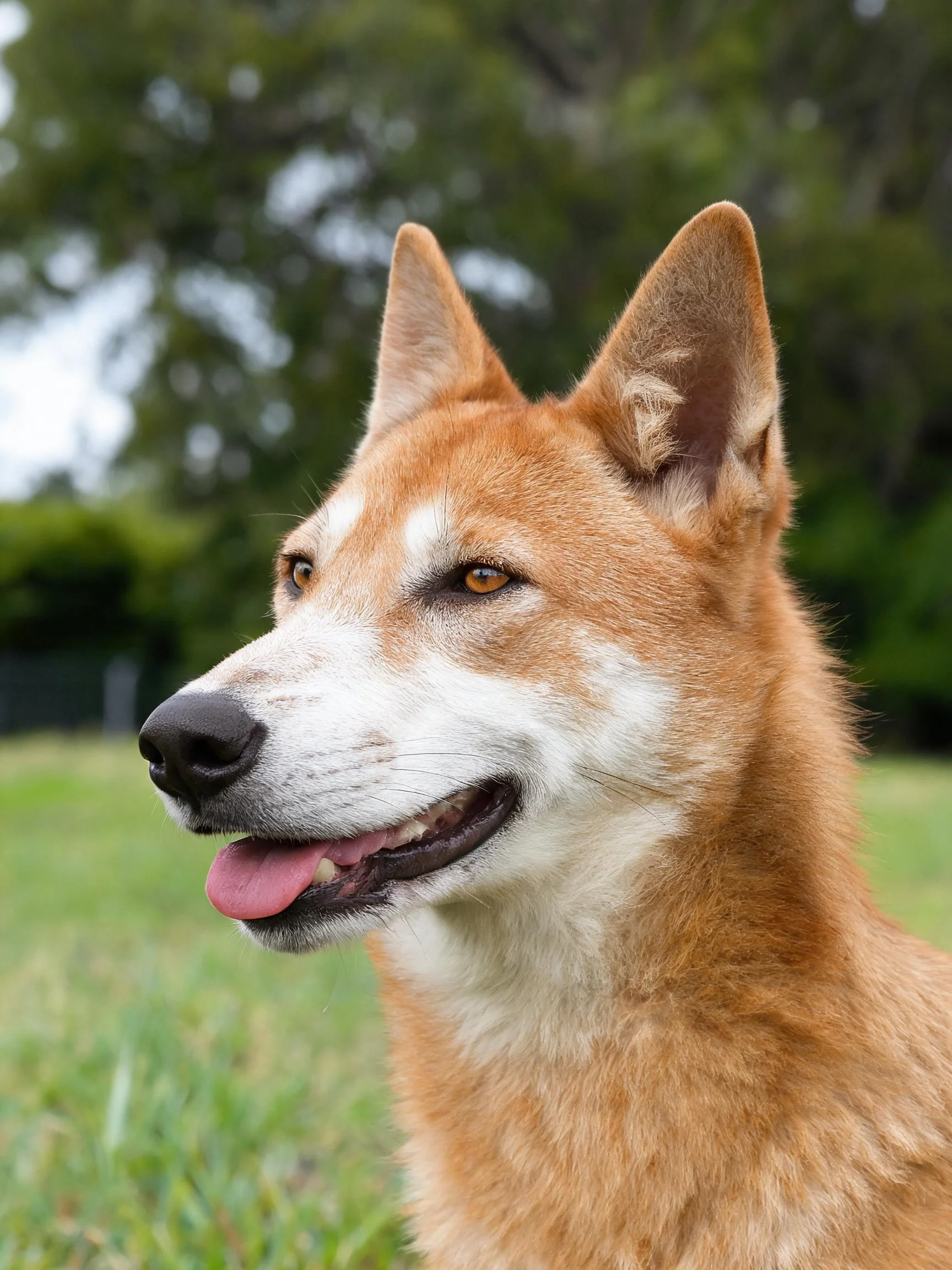 澳洲野犬红棕色皮毛与白色斑纹特写，舌头粉红色微微伸出。