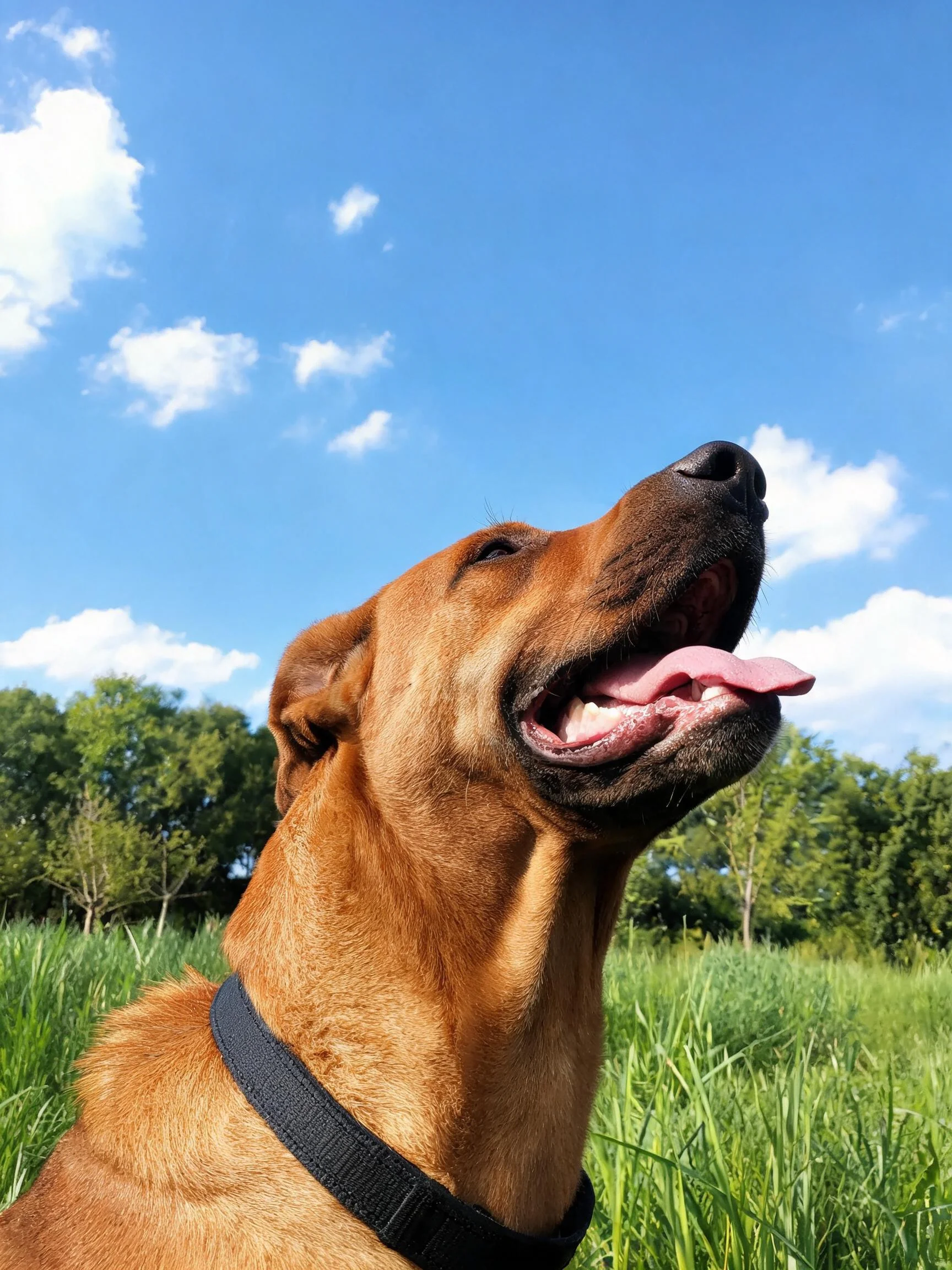 罗德西亚脊背犬 张开嘴巴,粉红色舌头伸展,佩戴黑色项圈。