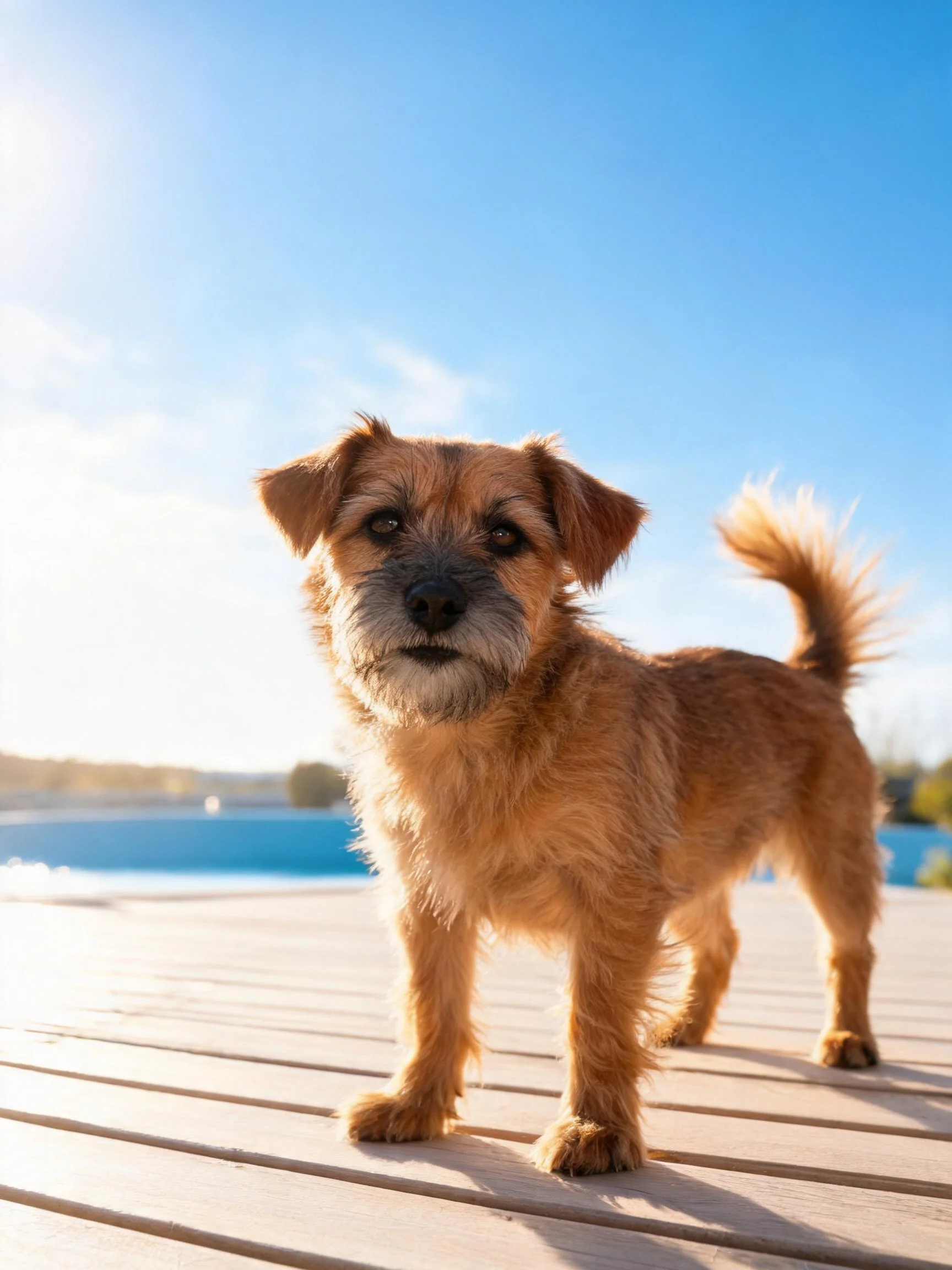 边境梗犬站立着,棕褐色毛发在阳光下显得蓬松,尾巴向上翘起。
