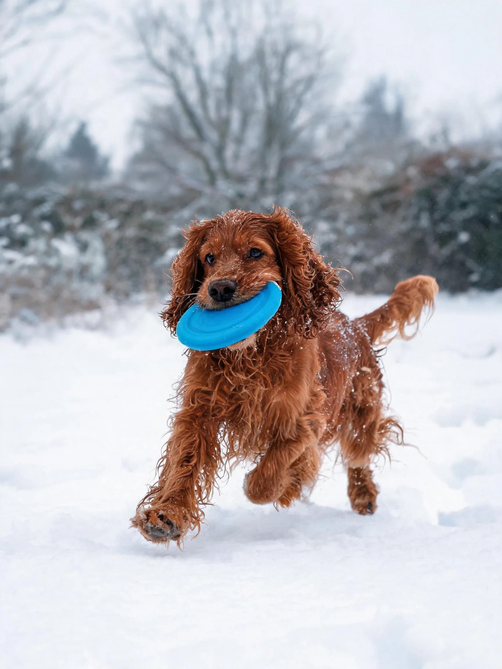 可卡犬叼着蓝色飞盘,卷曲红棕色毛发沾着雪花,展现其奔跑时的动态姿态。