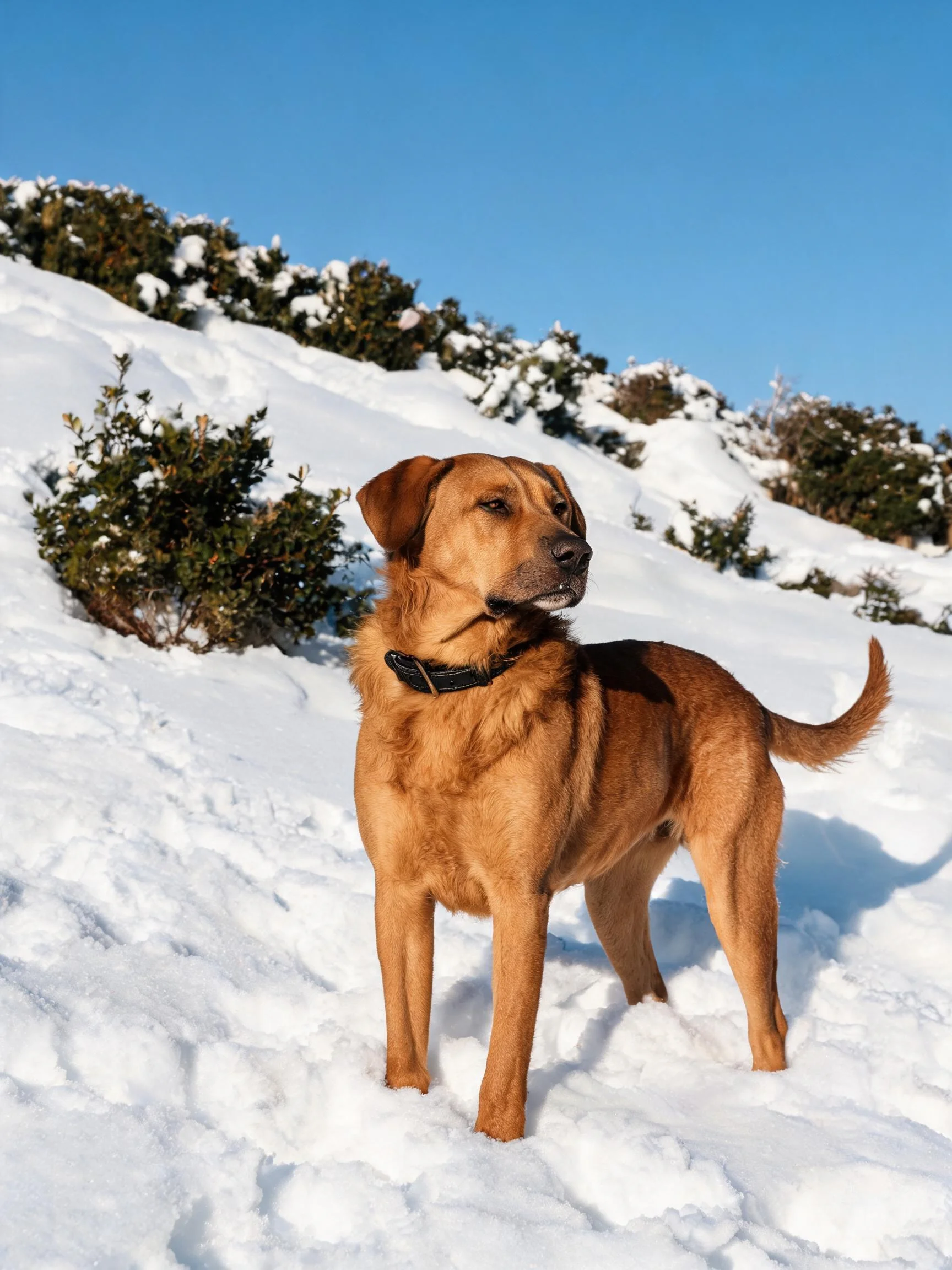 一只金毛犬站在雪地上,棕黄色被毛清晰可见,它戴着黑色项圈。