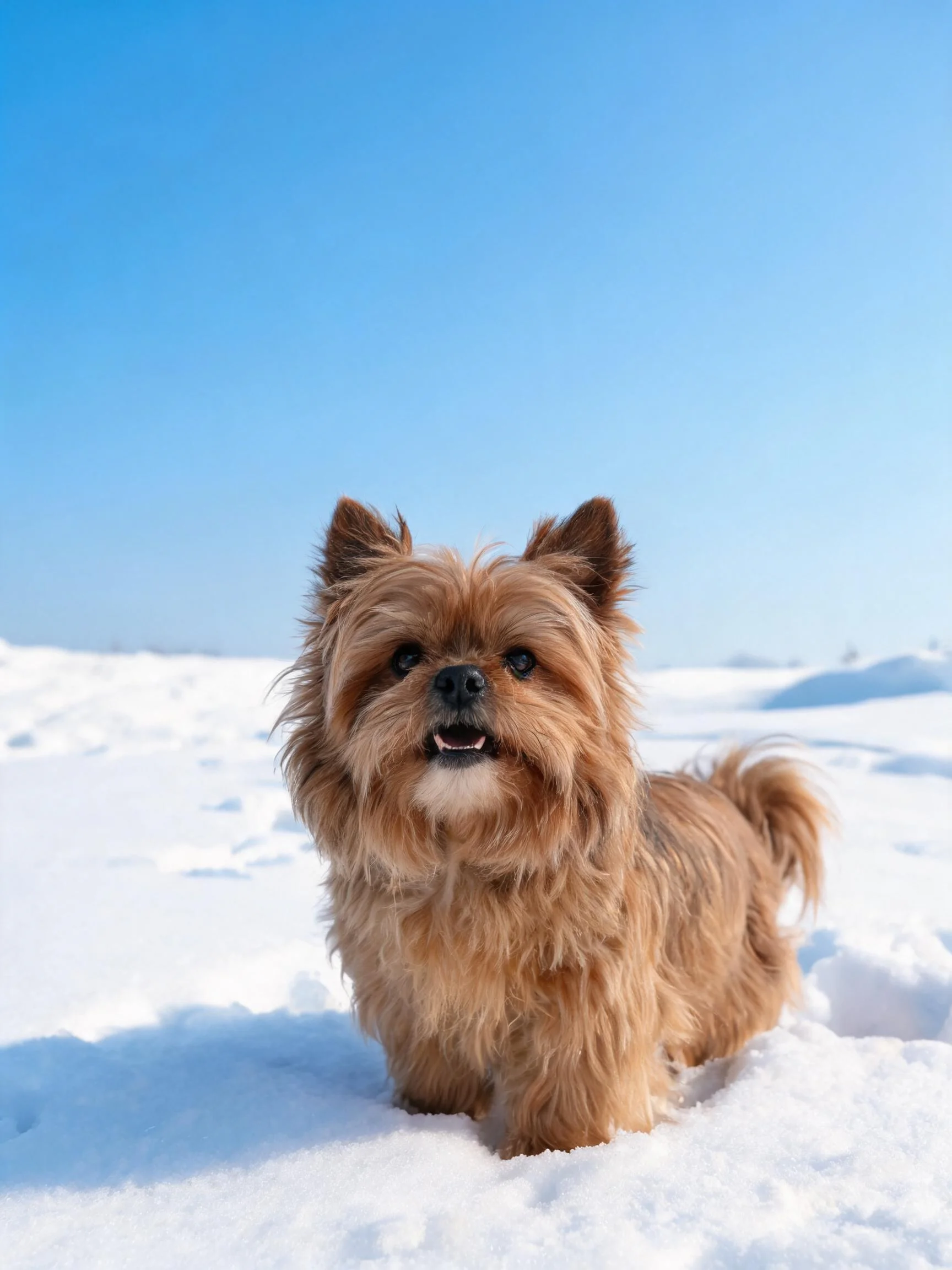 诺福克梗犬站在雪地上,棕褐色卷毛清晰可见,耳朵竖立姿态。