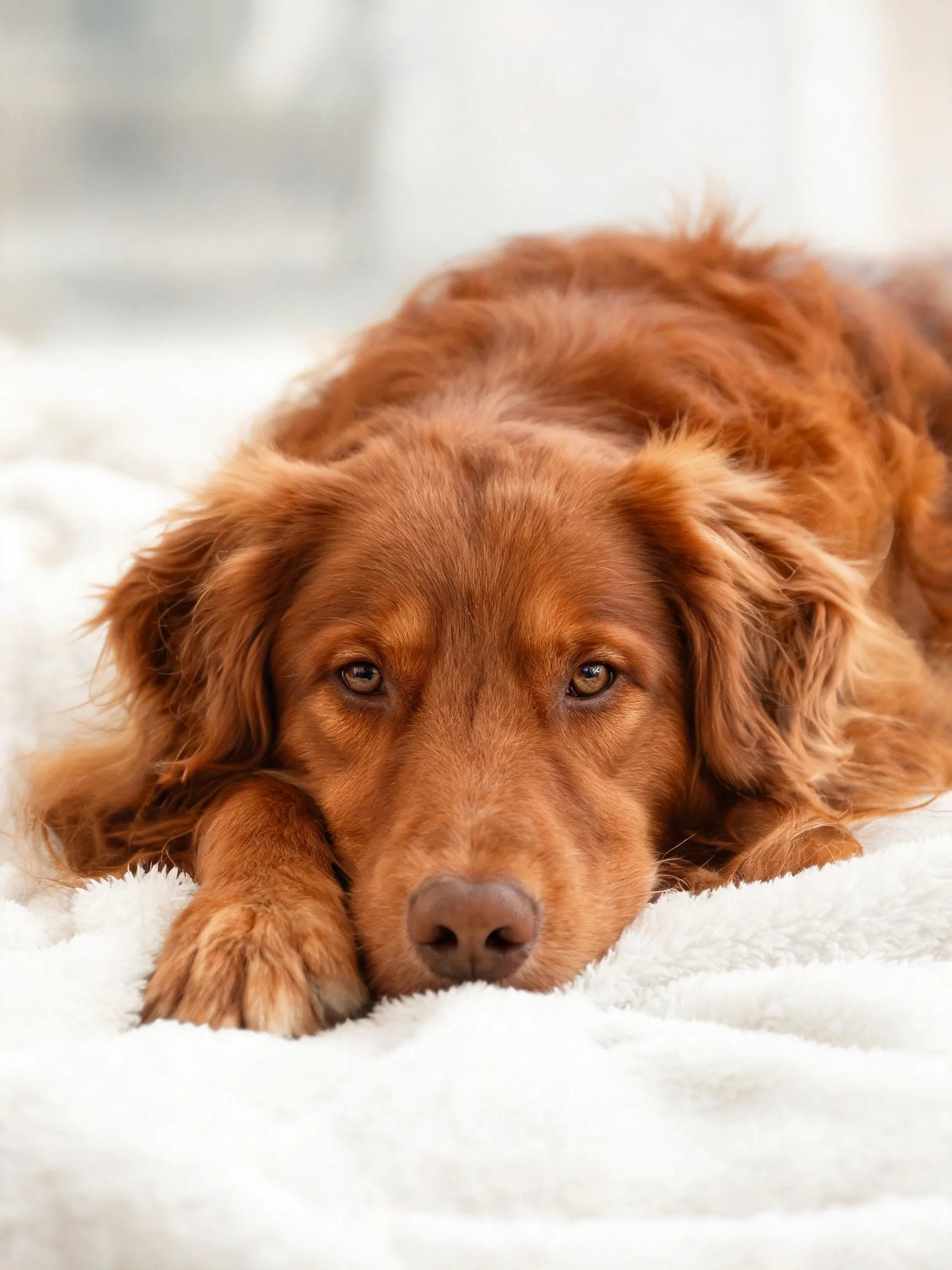 爱尔兰赛特犬有着赤褐色长卷毛,鼻尖湿润,安静趴在白色毯子上。