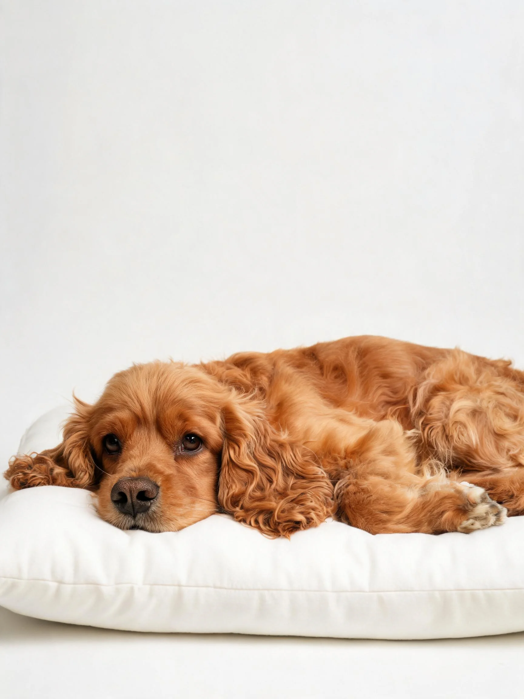一只浅棕色卷毛的可卡犬安静地趴在白色软垫上,头部轻靠在软垫边缘,眼神温和平静。