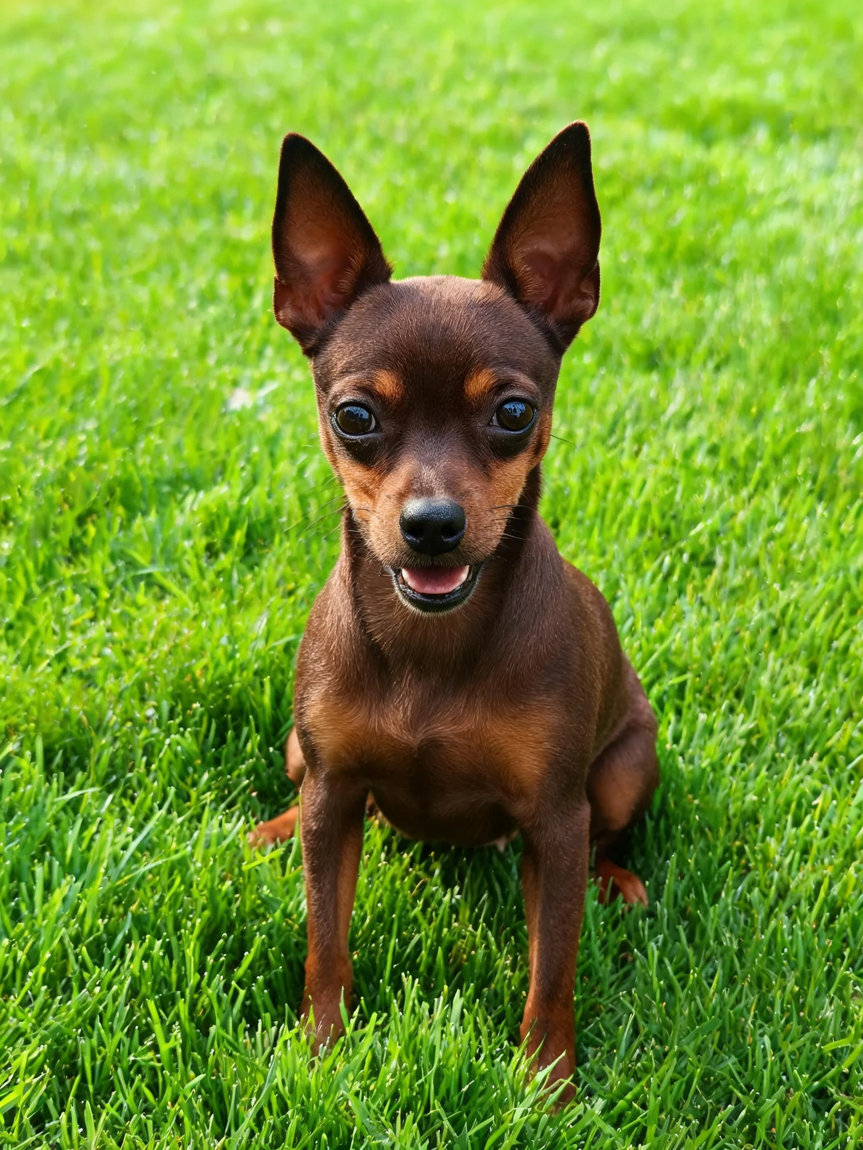 迷你杜宾犬有着短而光滑的深棕色被毛,耳朵直立,眼神明亮。