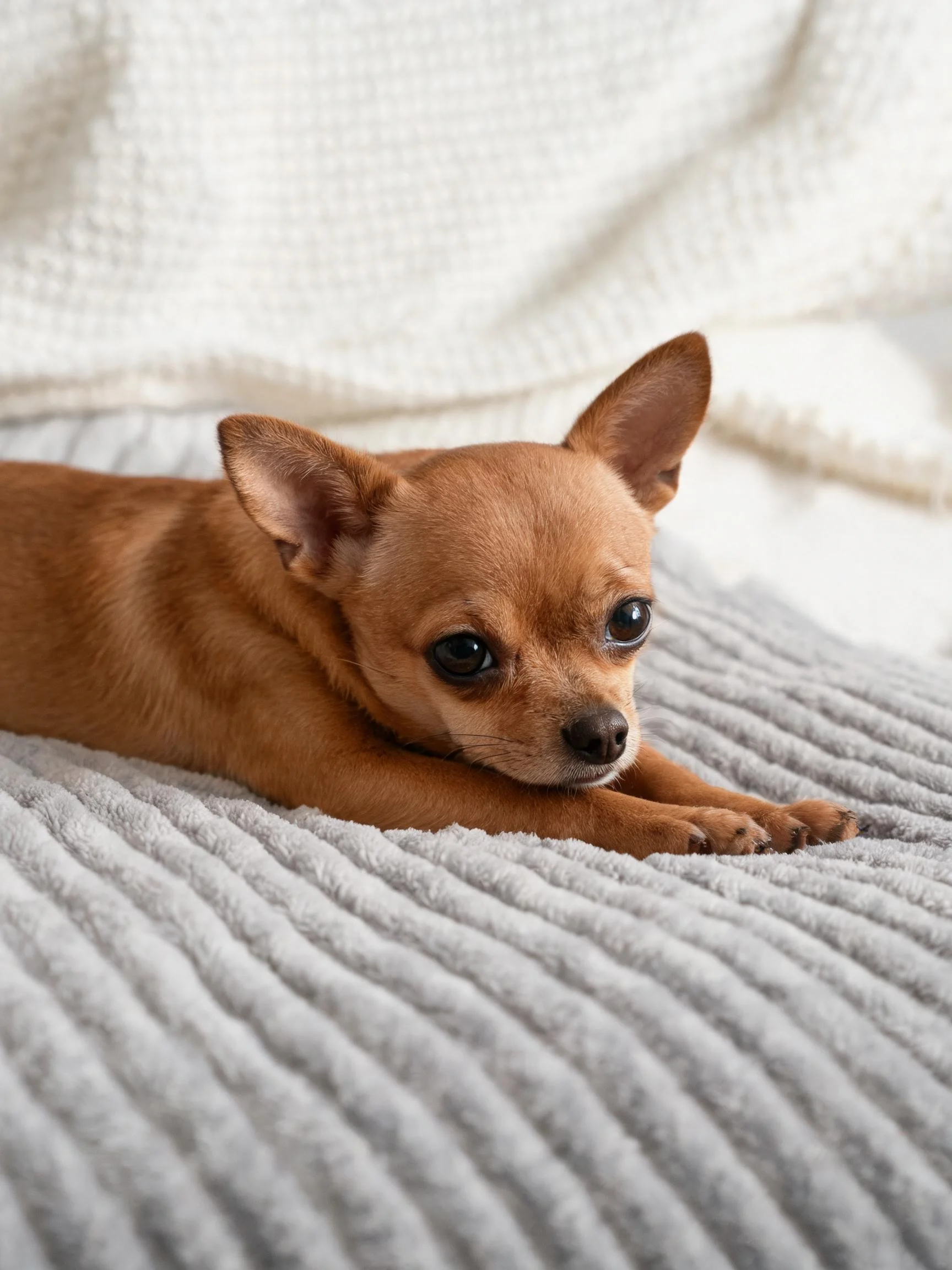 吉娃娃犬趴卧在浅灰色纹理毯面上,眼睛明亮注视前方,耳朵竖立姿态。