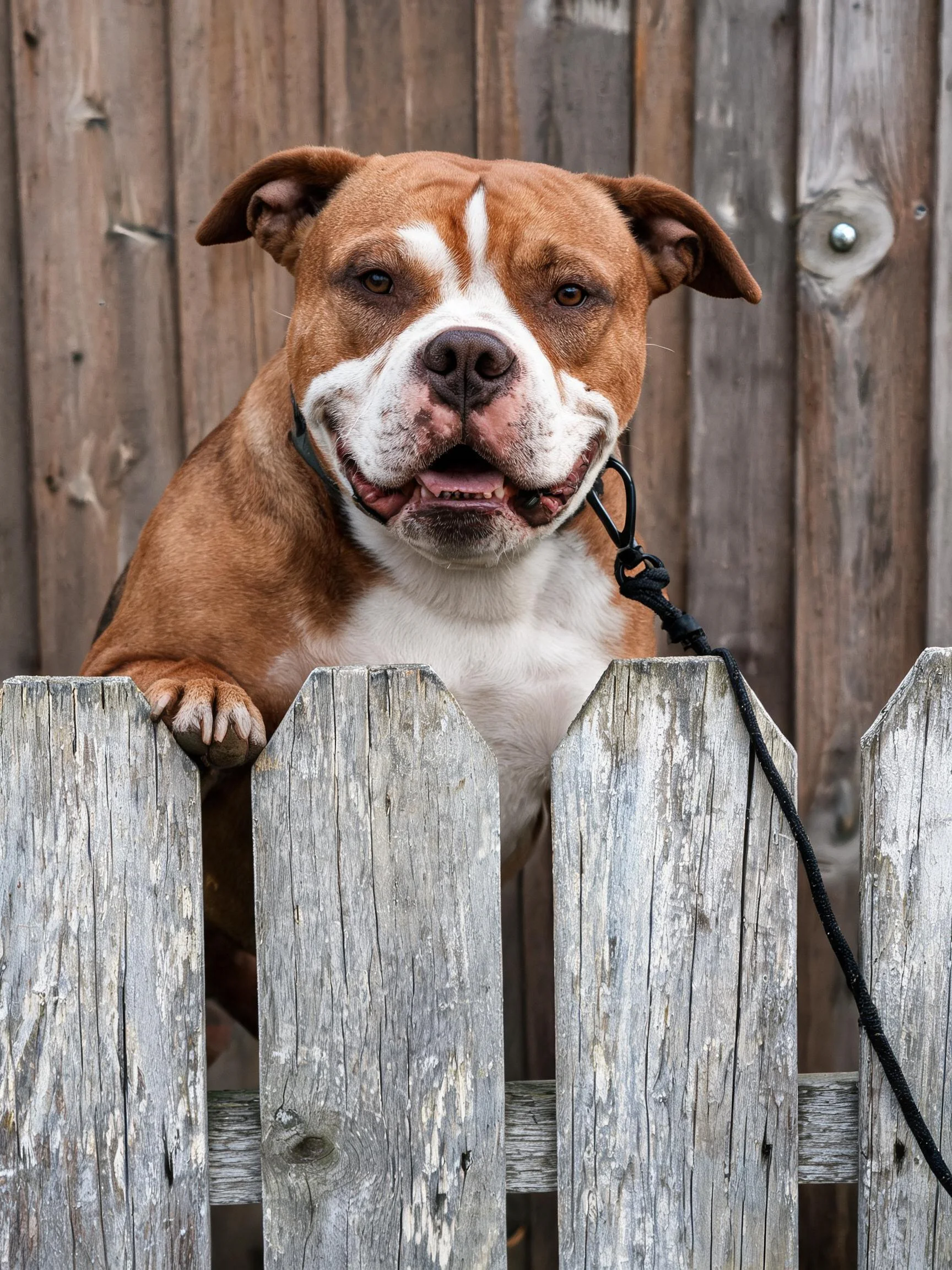 美国斯塔福梗犬棕白相间的被毛搭在风化木栅栏上,嘴巴张开露出健康牙齿。