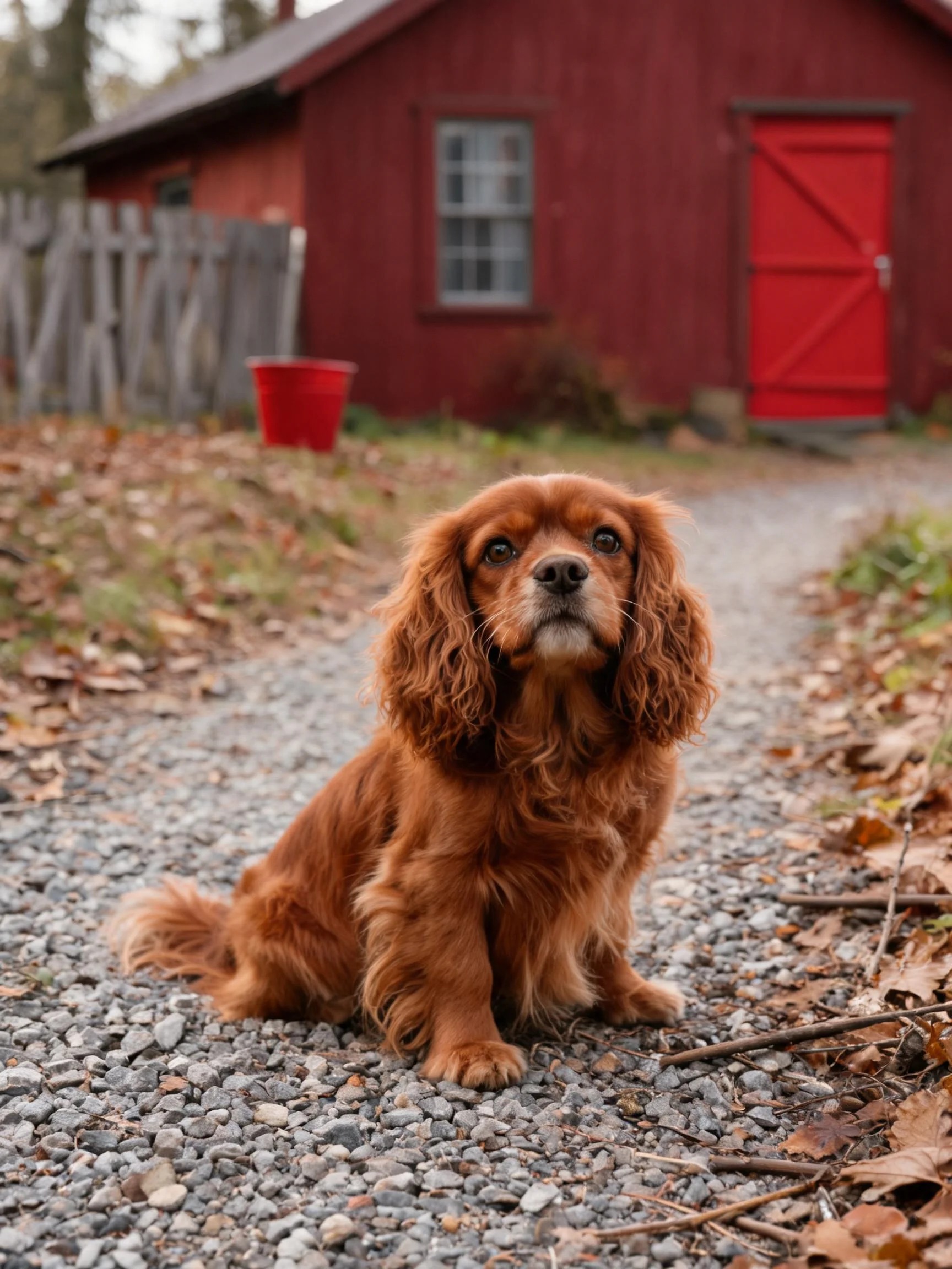 可卡犬有着浓密的棕红色卷毛,正安静地坐在碎石路上,眼神专注看向镜头方向。