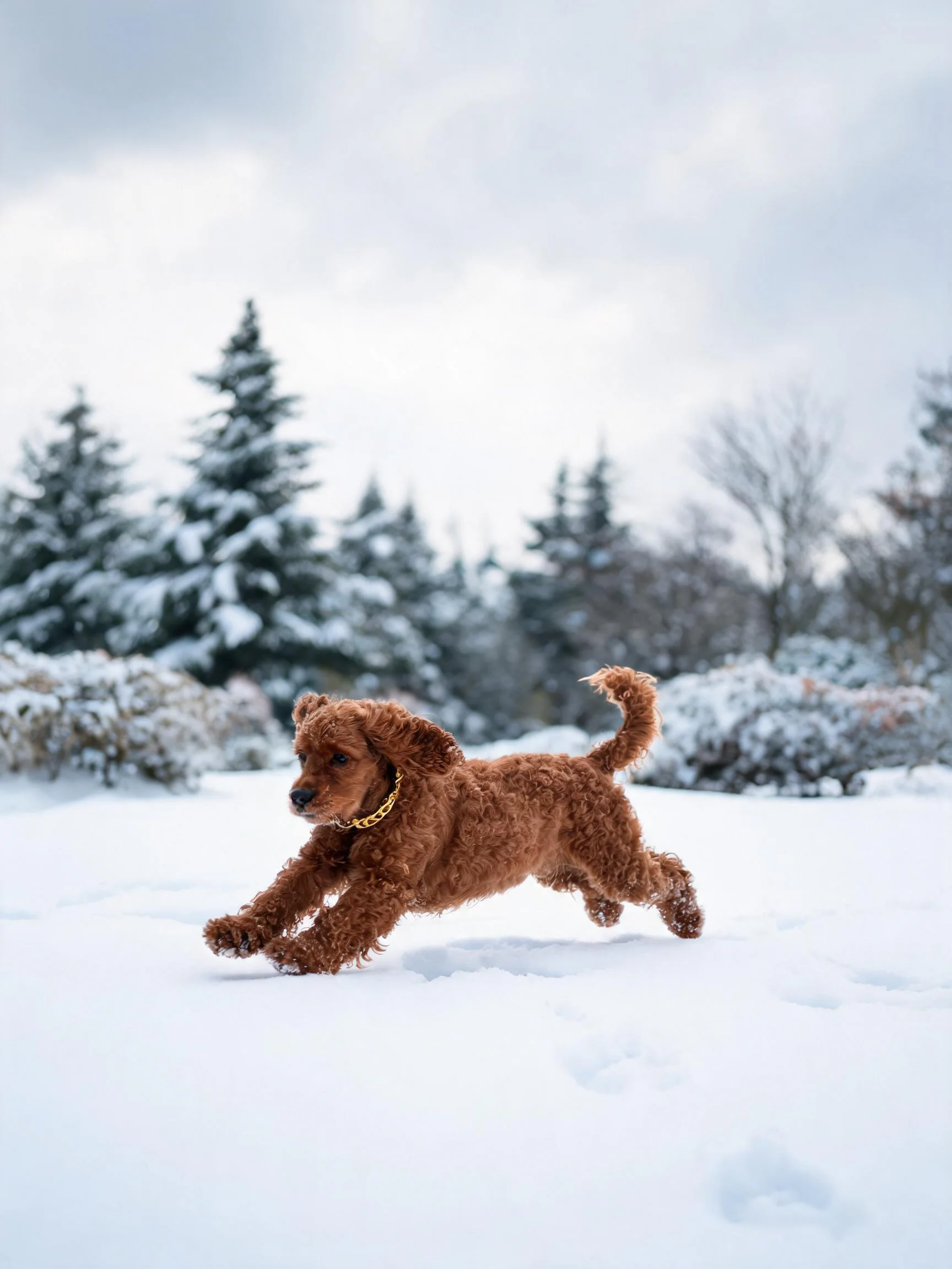 玩具贵宾犬棕红色卷曲毛发在雪地中奔跑,爪子接触雪面。