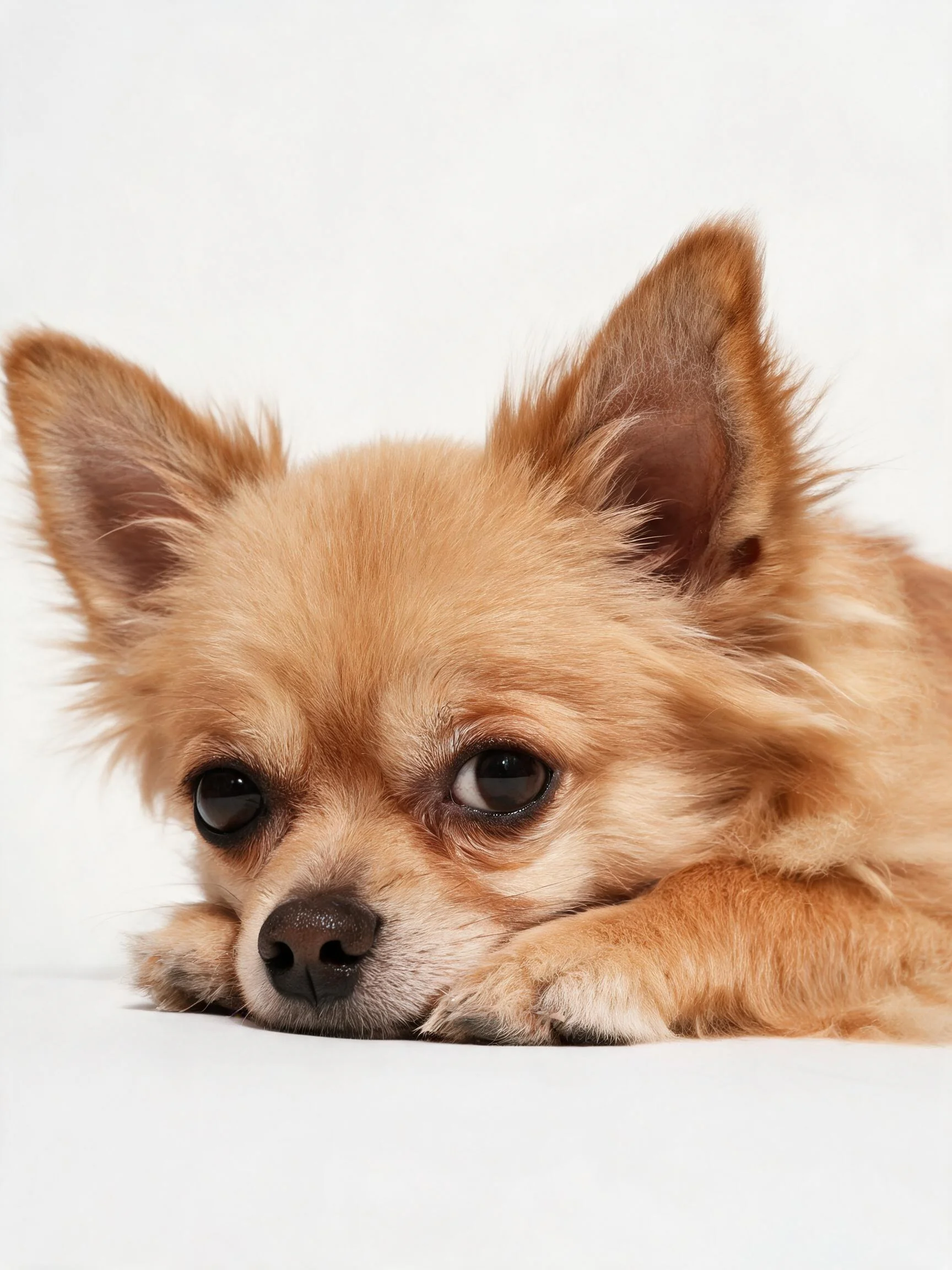 一只小型长毛吉娃娃犬,浅棕色柔软毛发贴靠在白色表面,眼神温和亲切。