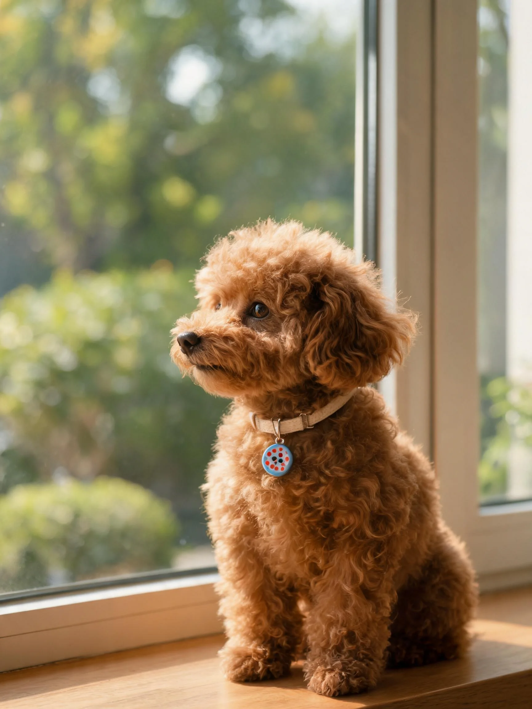 一只贵宾犬坐在窗台上,展现出其卷曲蓬松的浅棕色毛发,项圈上挂着带彩色图案的圆形挂件。