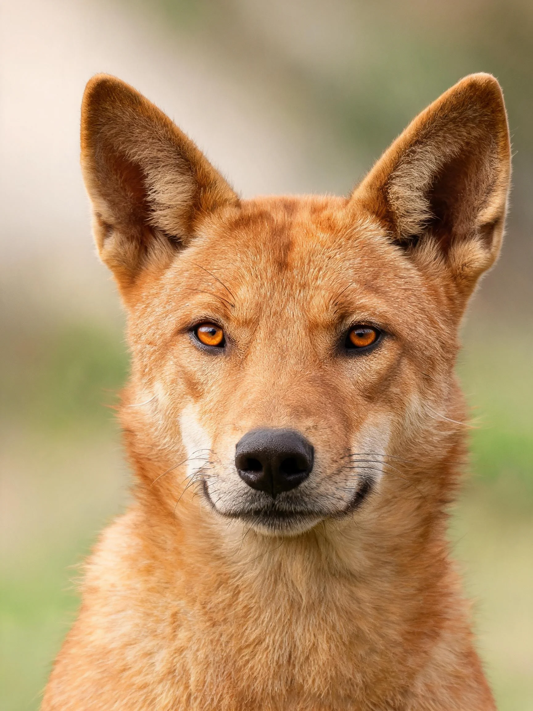 一只赤褐色澳洲野犬正安静地注视着镜头,其短而浓密的皮毛清晰可见。